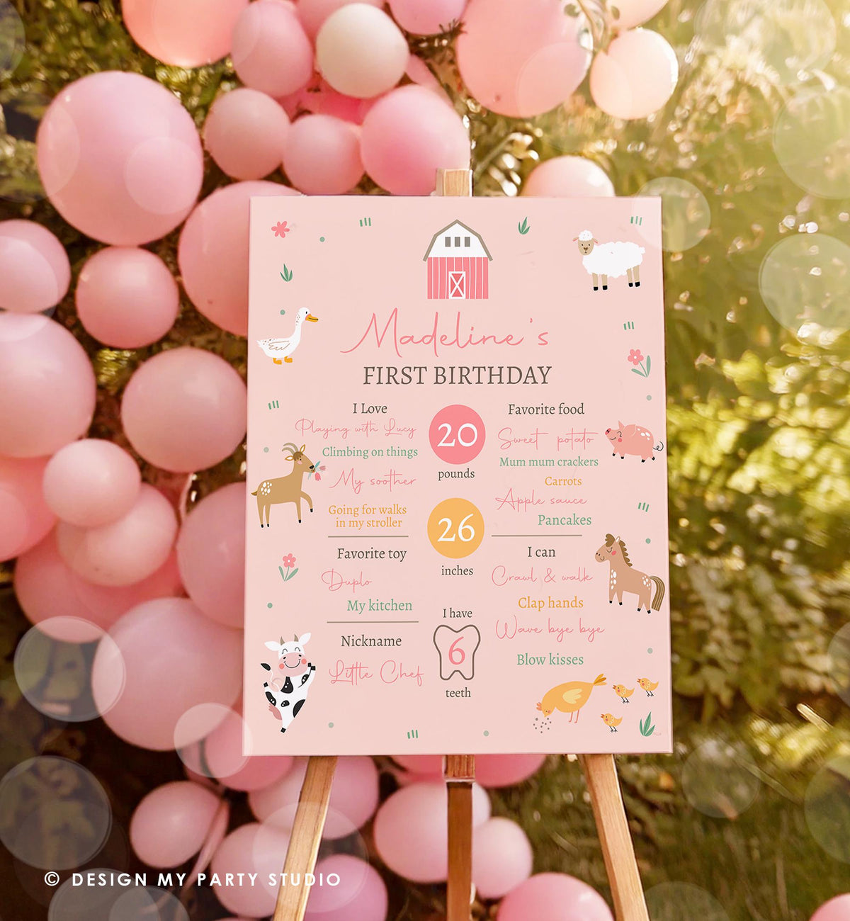 Editable Farm Animals Birthday Milestone Sign Girl Pink Farm Minimalist Barnyard Bash Barnyard Sign Floral Digital Template Printable 0436