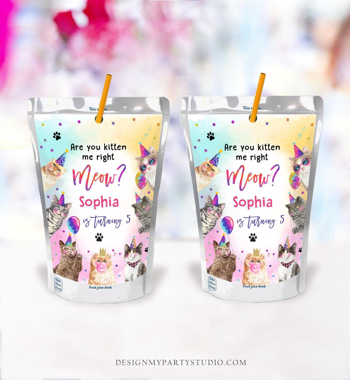 Editable Cats Kittens Juice Pouch Label Juice Favors Are You Kitten Meow Pawty Girl Birthday Party Digital Download Template Printable 0460