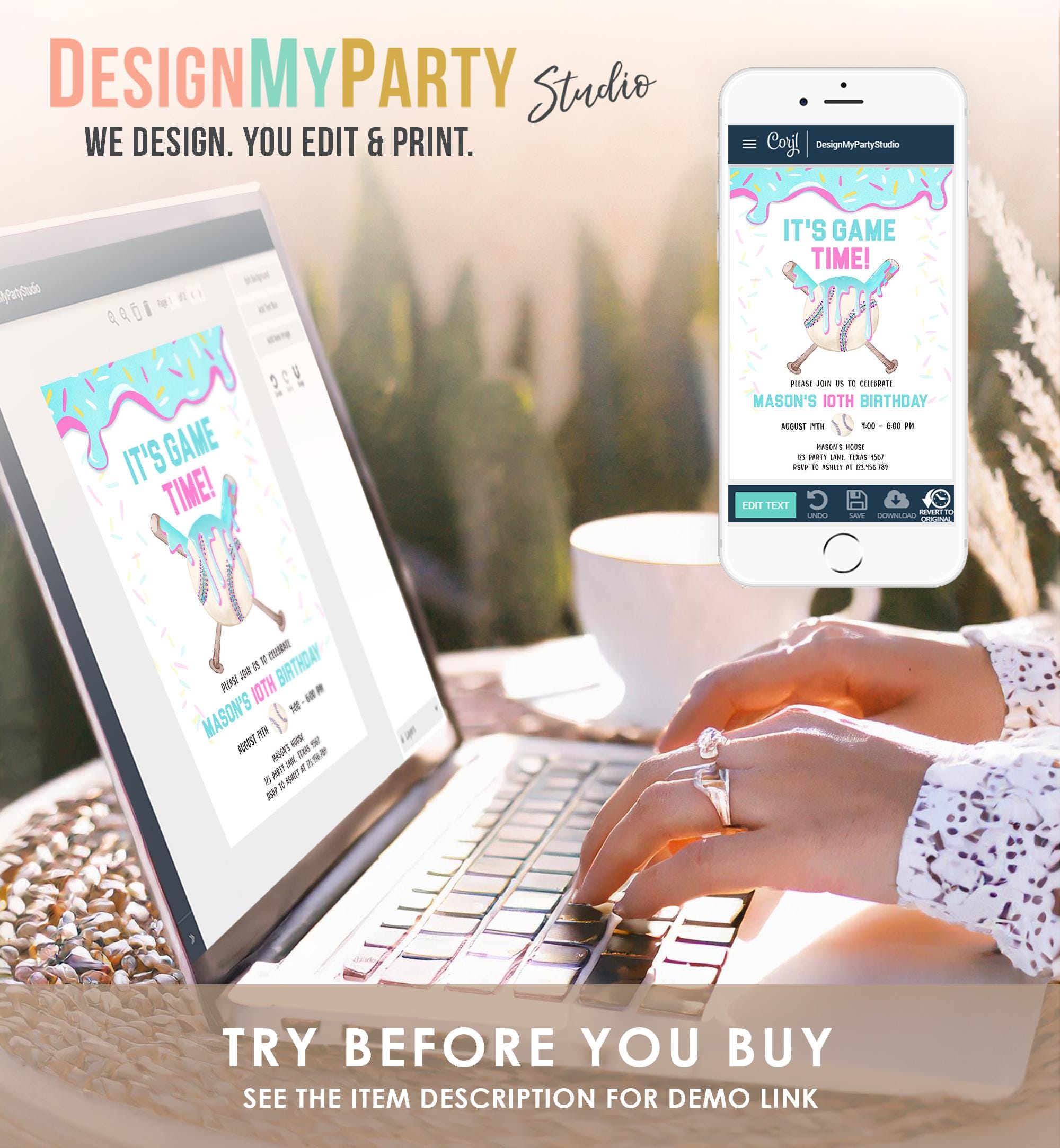 Editable Baseball Drip Ice Cream Birthday Invitation Rookie Year Softball Sports Boy Birthday Digital Download Template Printable 0545