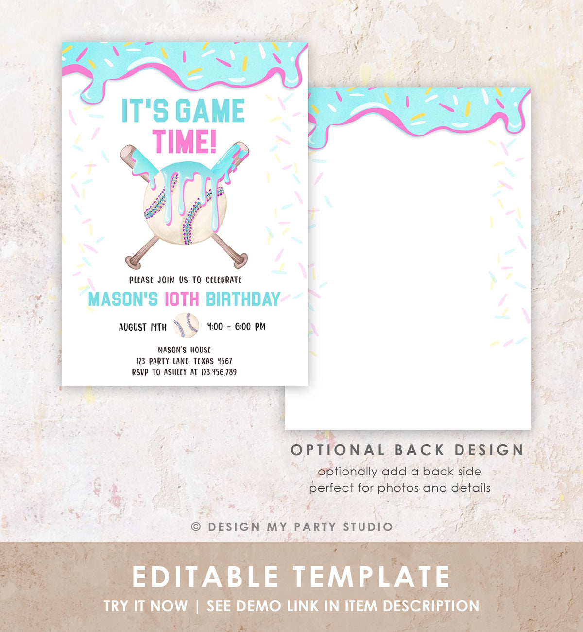 Editable Baseball Drip Ice Cream Birthday Invitation Rookie Year Softball Sports Boy Birthday Digital Download Template Printable 0545