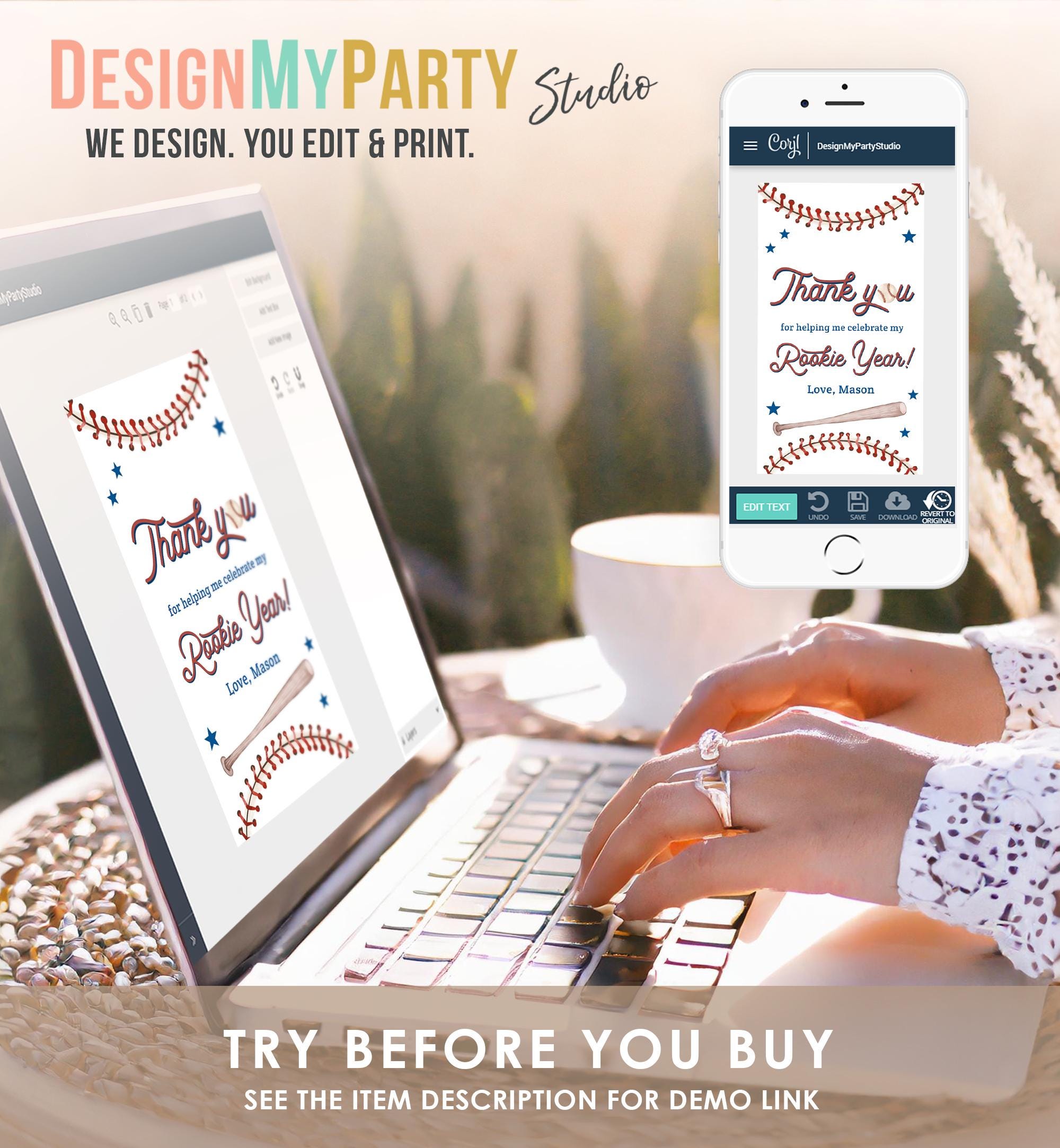 Editable Rookie of the Year Baseball Favor Tag Swinging By Boy Girl First Birthday Party Gift Thank You Digital Template Printable 0492