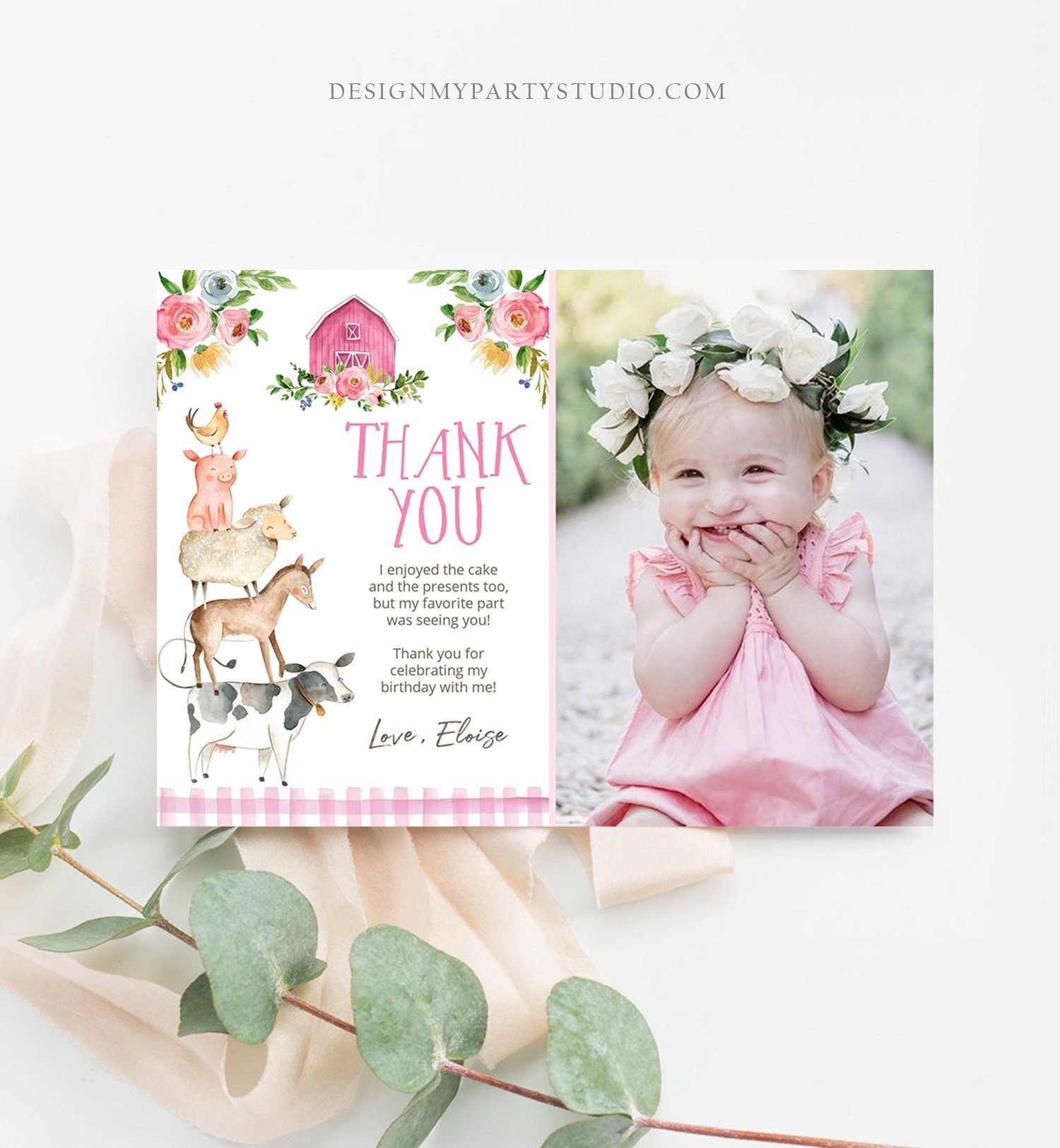 May include: A pink and white thank you card with a pink barn and floral design. The card has a picture of a baby girl in a pink dress and a white flower crown. The text on the card reads &#39;Thank You&#39;, &#39;I enjoyed the cake and the presents too, but my favorite part was seeing you!&#39;, &#39;Thank you for celebrating my birthday with me!&#39;, and &#39;Love, Eloise&#39;.