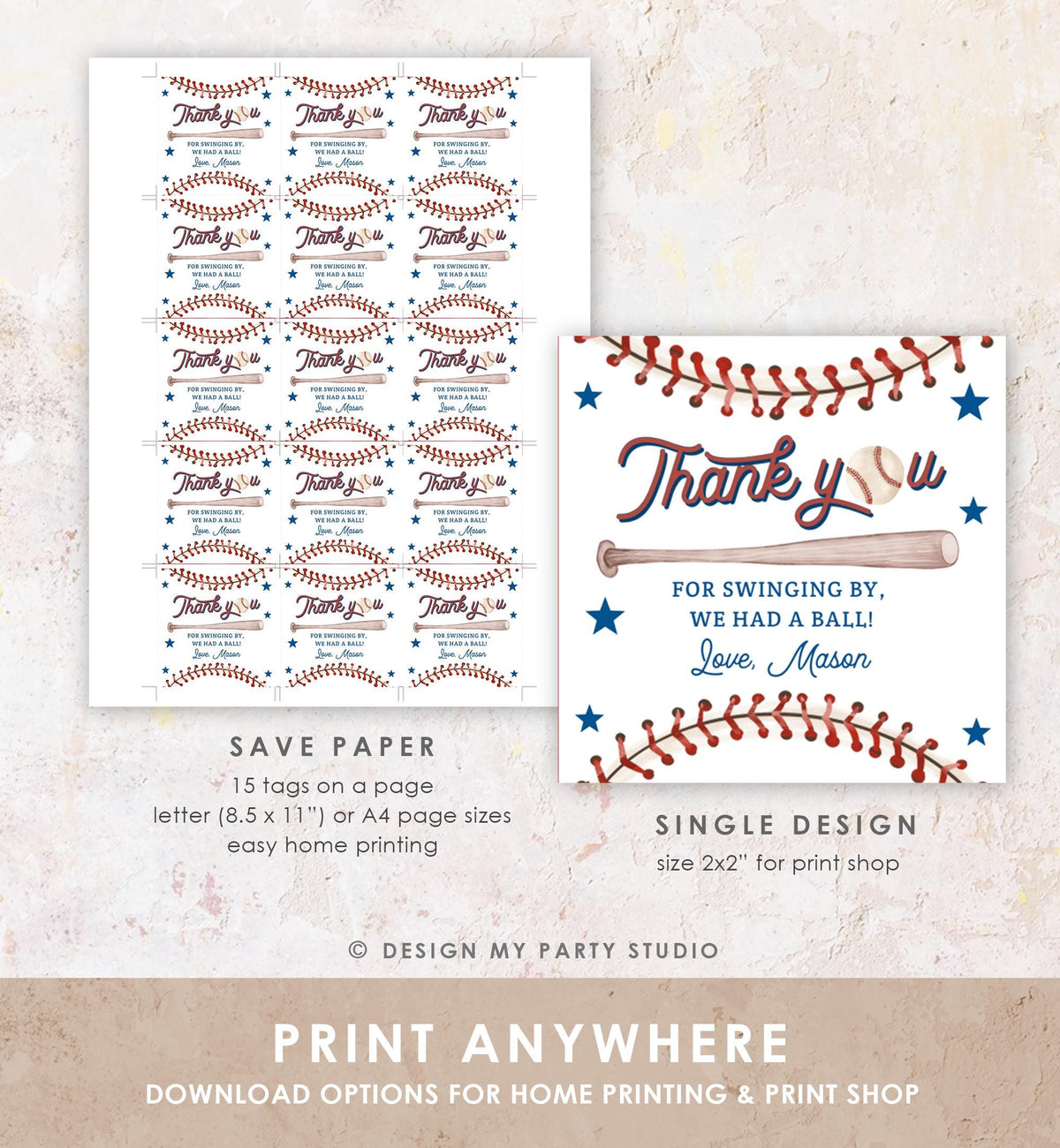 Editable Thank You For Swinging By Baseball Favor Tag Rookie Year Boy Girl Birthday Party Gift Sticker Note Digital Template Printable 0492