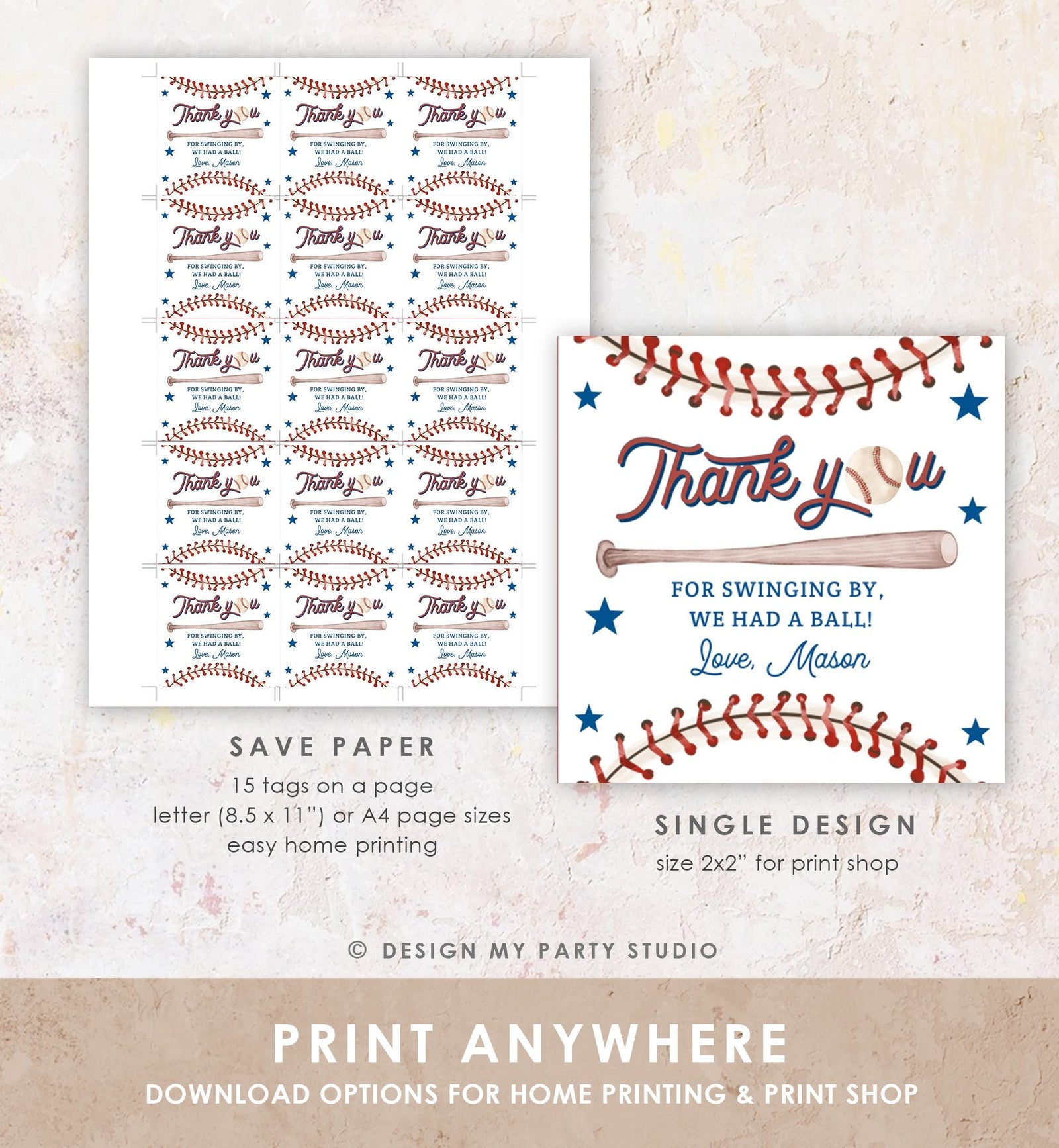 Editable Thank You For Swinging By Baseball Favor Tag Rookie Year Boy Girl Birthday Party Gift Sticker Note Digital Template Printable 0492