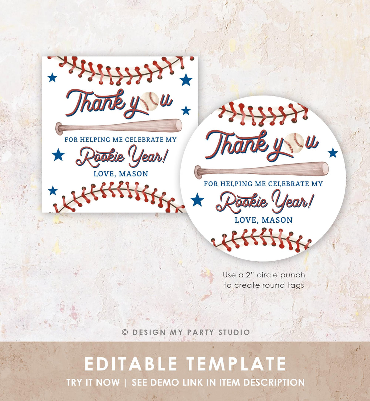 Editable Rookie Year Baseball Favor Tag Thank You For Swinging By Boy Girl Birthday Party Gift Sticker Note Digital Template Printable 0492