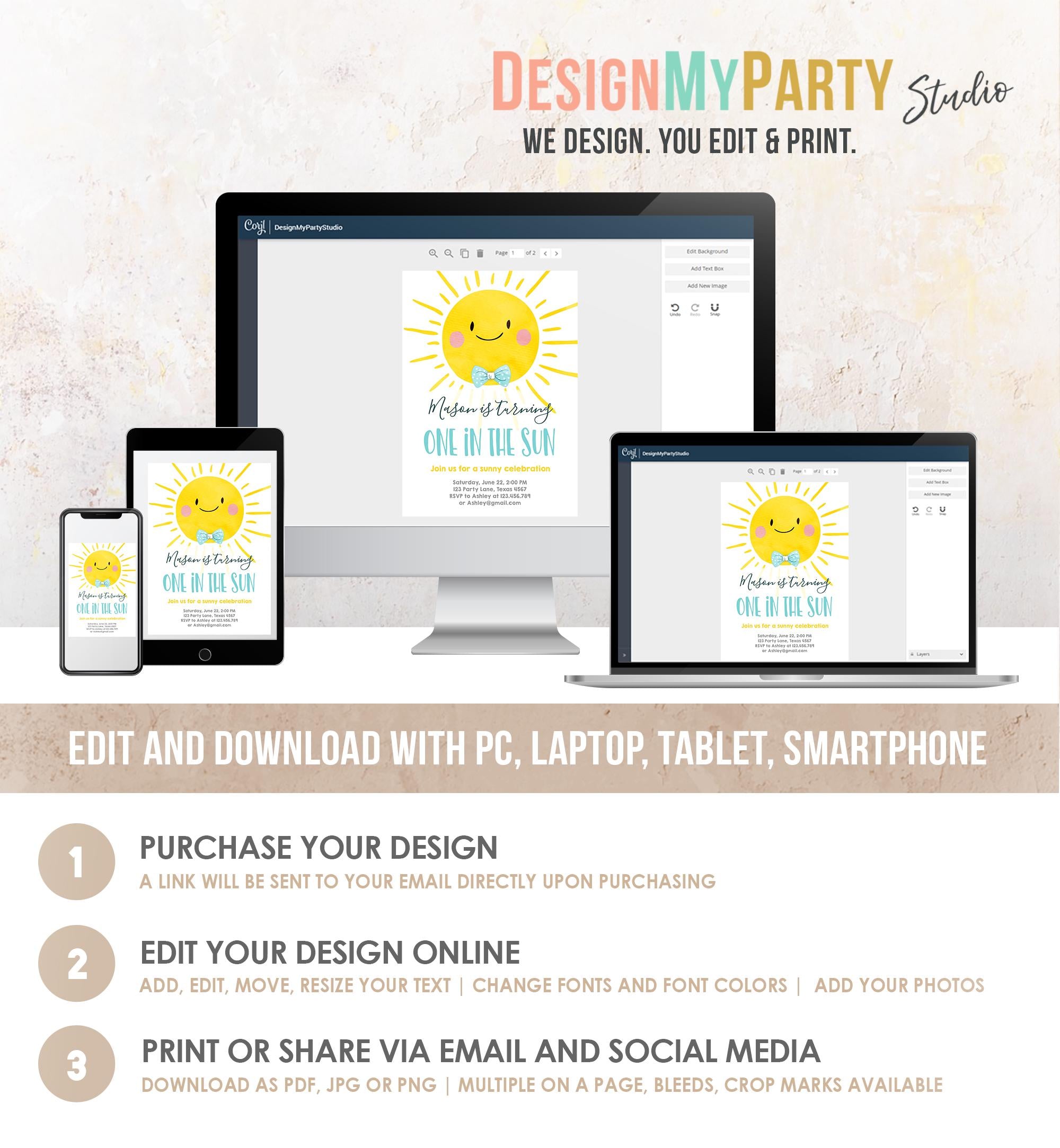 Editable One in the Sun Sunshine Birthday Invitation Summer Party First Birthday Party Boy Blue Bow Tie Download Template Printable 0141