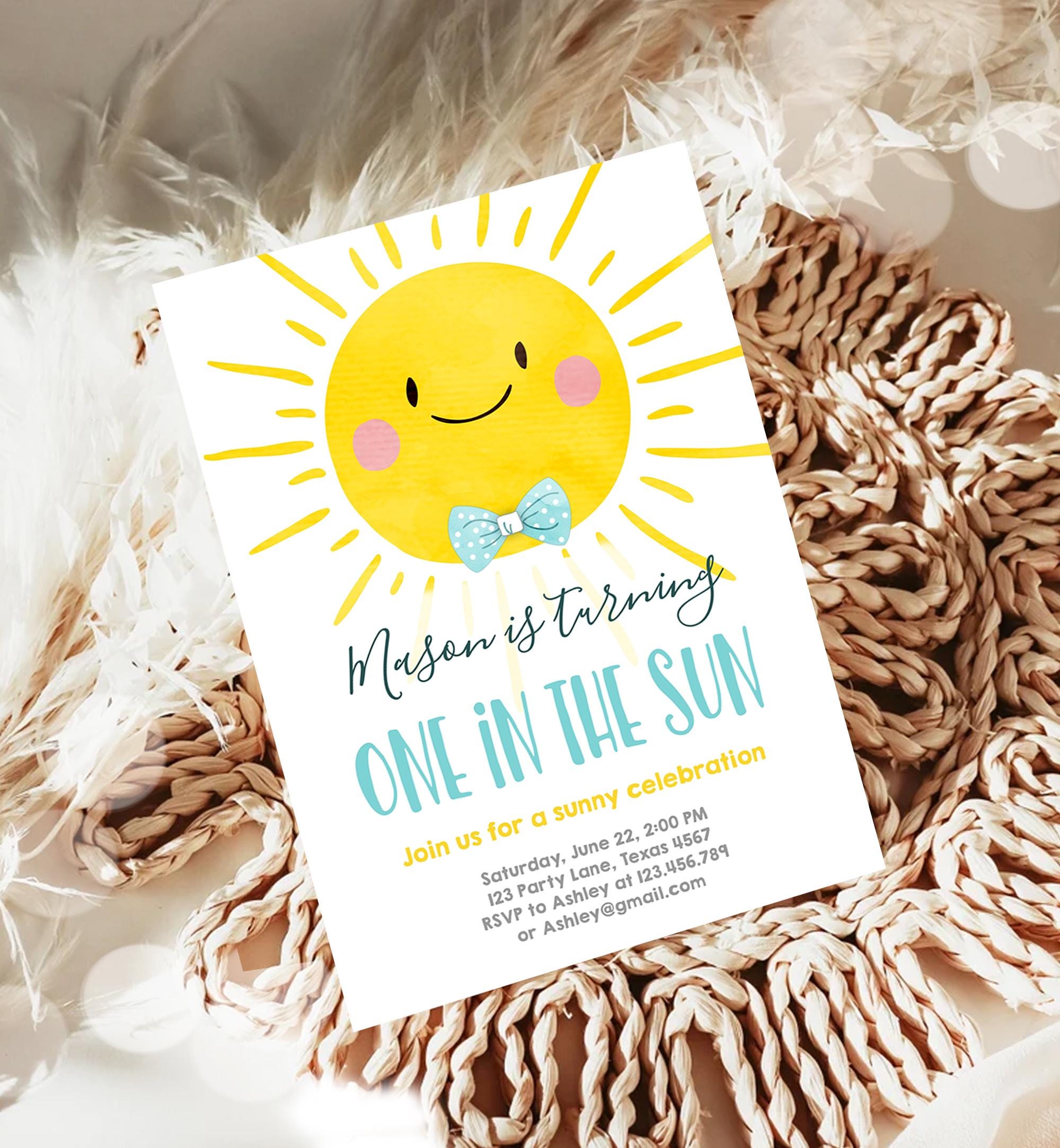 Editable One in the Sun Sunshine Birthday Invitation Summer Party First Birthday Party Boy Blue Bow Tie Download Template Printable 0141