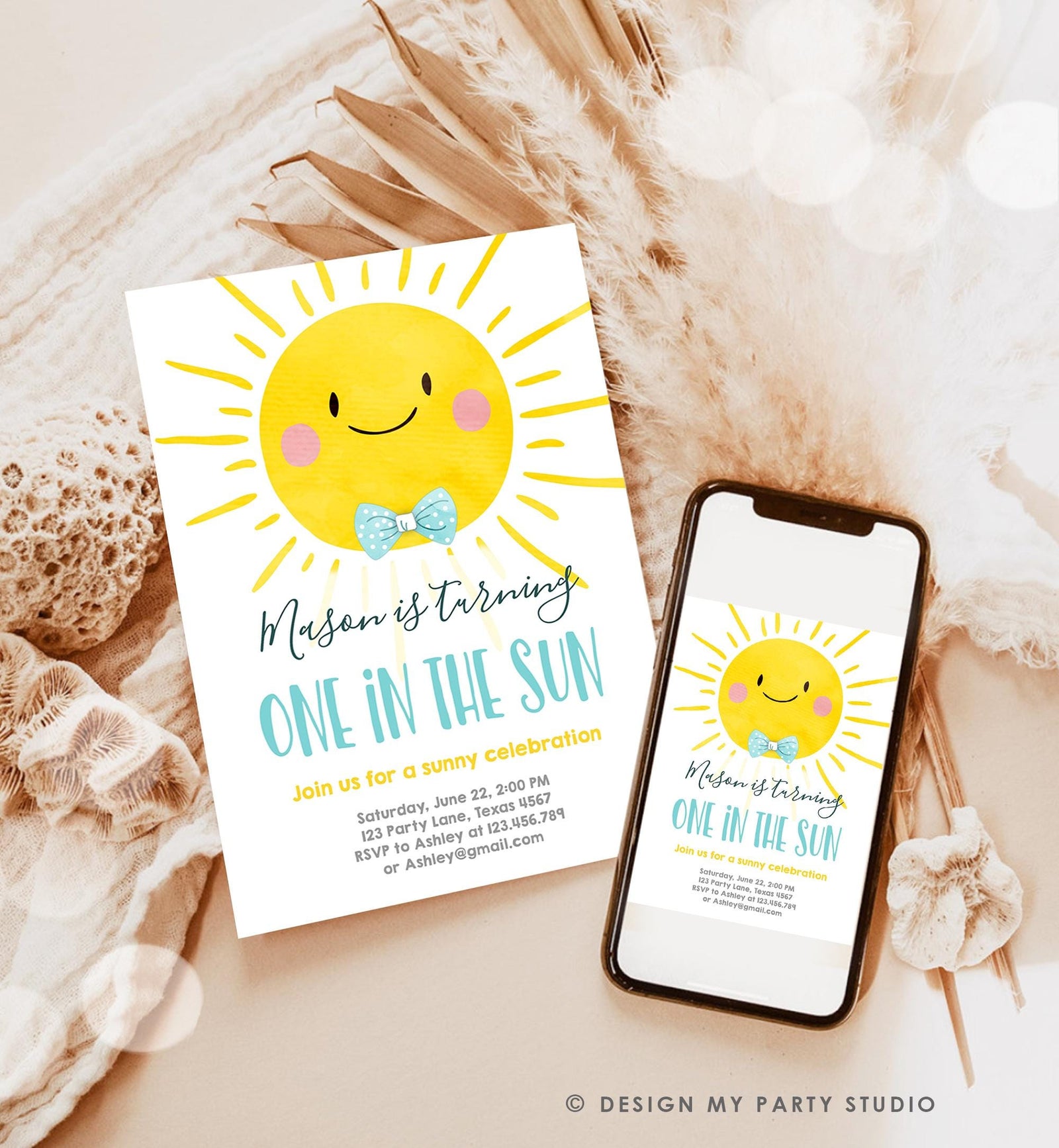 Editable One in the Sun Sunshine Birthday Invitation Summer Party First Birthday Party Boy Blue Bow Tie Download Template Printable 0141