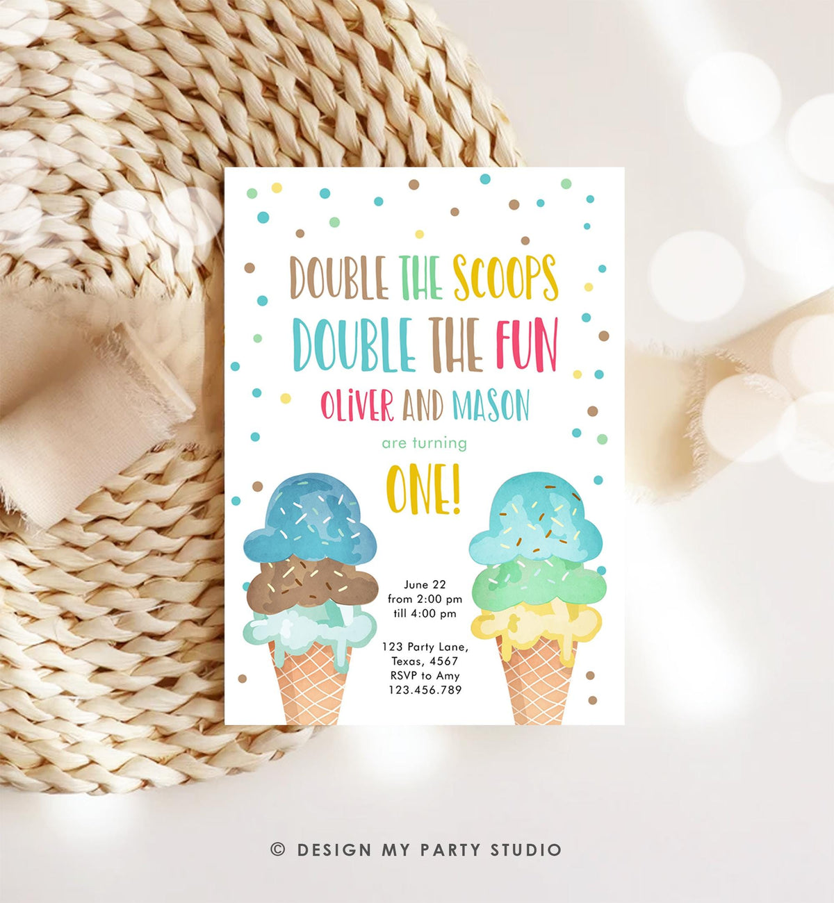 Editable Twin Ice Cream Birthday Invitation First Birthday Double the Scoops Double Fun Twins Boy Blue Digital Evite Template Printable 0243