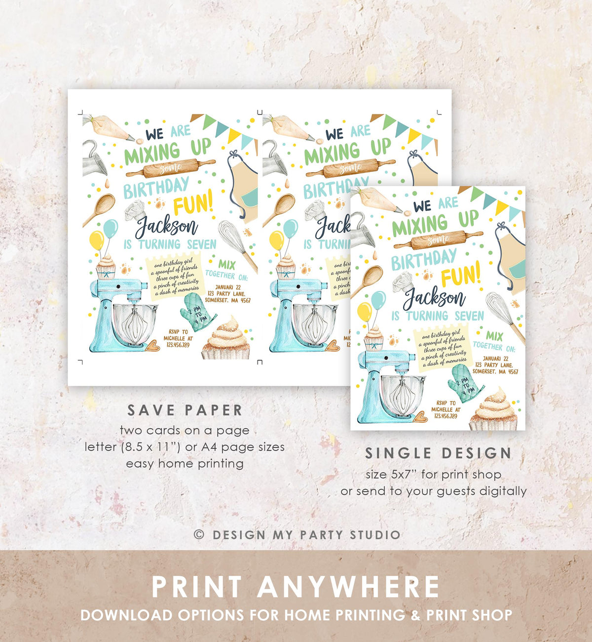 Editable Baking Birthday Party Invitation Kids Cooking Birthday Boy Little Chef Party Kitchen Cupcakes Digital Evite Template Printable 0364