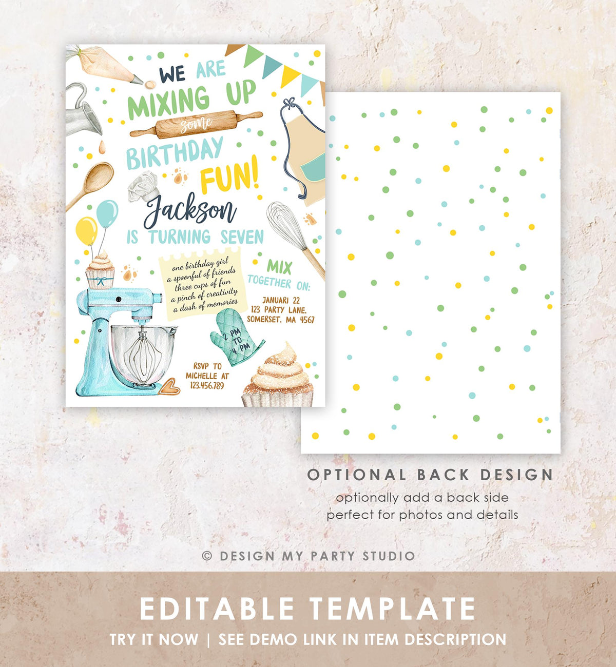 Editable Baking Birthday Party Invitation Kids Cooking Birthday Boy Little Chef Party Kitchen Cupcakes Digital Evite Template Printable 0364