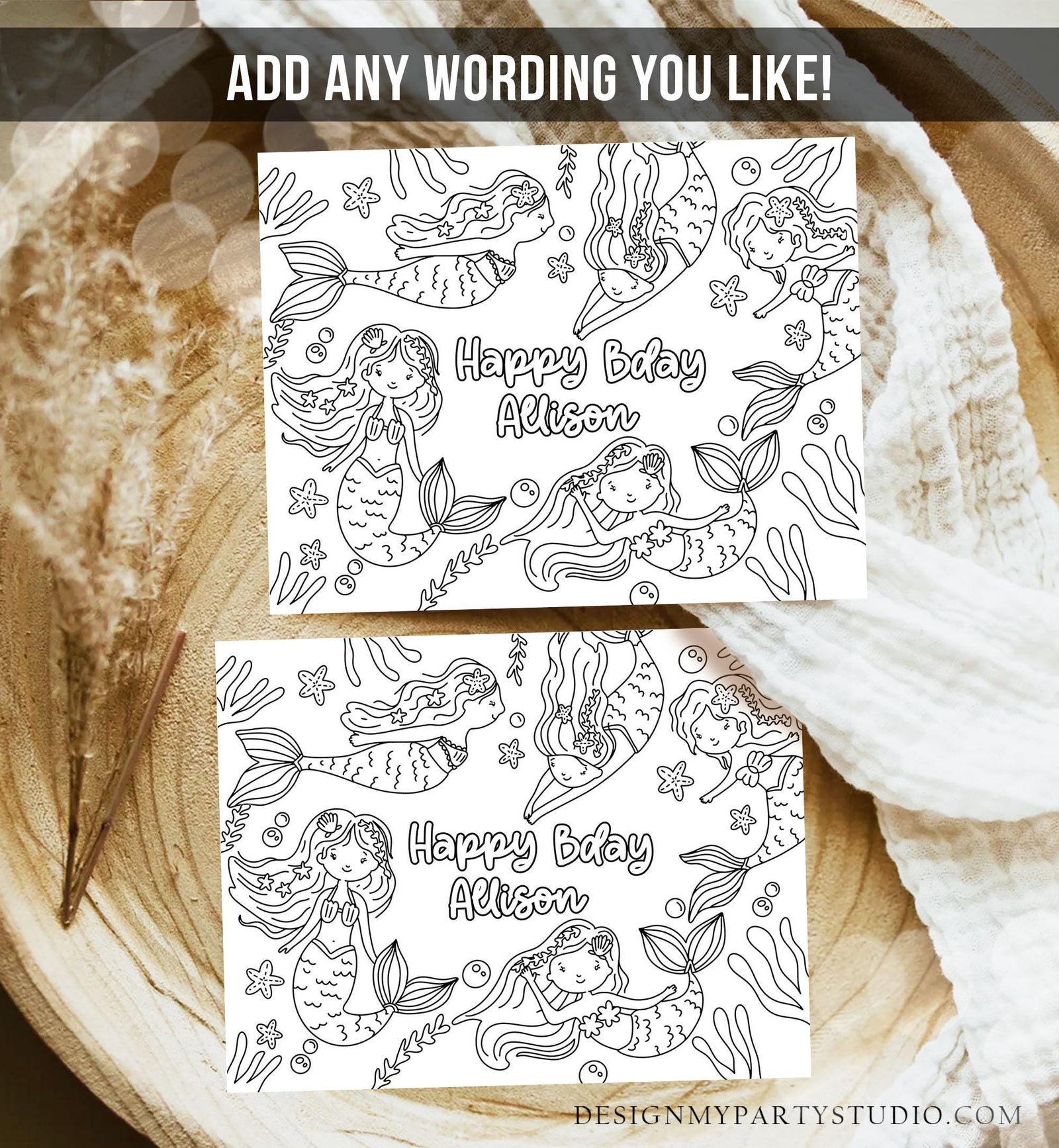 Editable Coloring Page Mermaid Birthday Party Activity Game Summer Mermaid Birthday Under The Sea Pool Party Download Printable Digital 0546