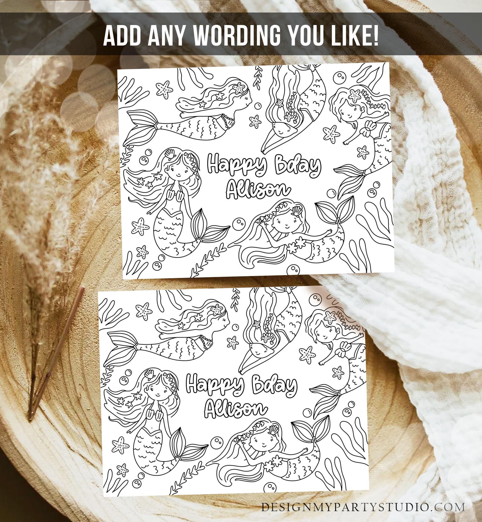 Editable Coloring Page Mermaid Birthday Party Activity Game Summer Mermaid Birthday Under The Sea Pool Party Download Printable Digital 0546