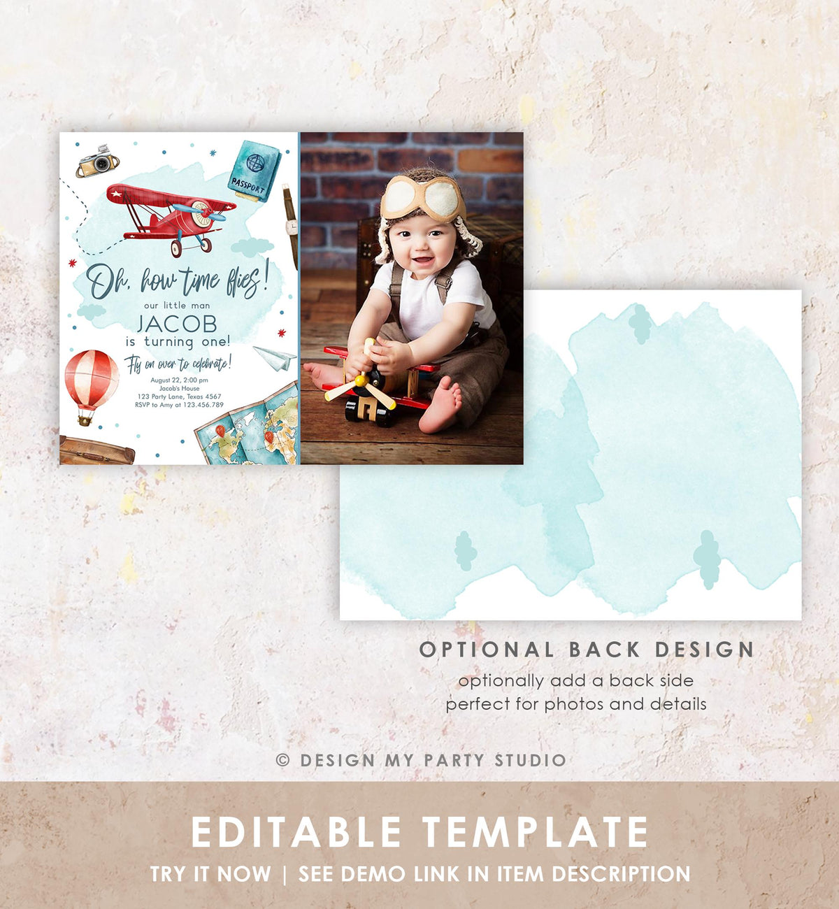Editable Airplane Birthday Invitation Oh My Time Flies Red Airplane 1st First Travel Adventure Party Digital Evite Template Printable 0468