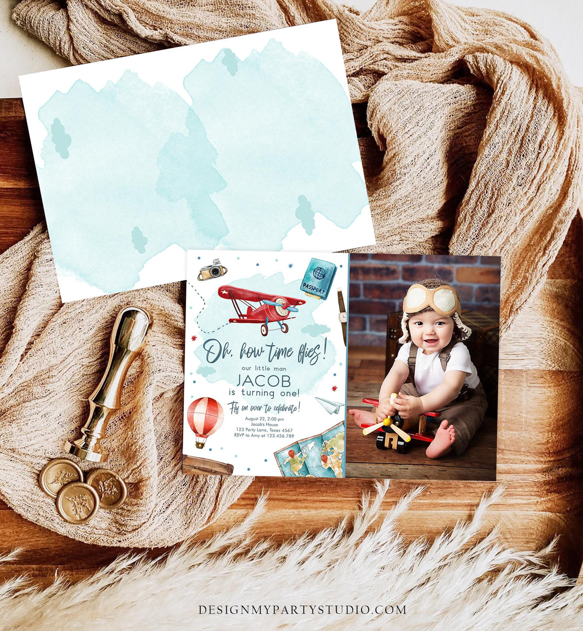 Editable Airplane Birthday Invitation Oh My Time Flies Red Airplane 1st First Travel Adventure Party Digital Evite Template Printable 0468