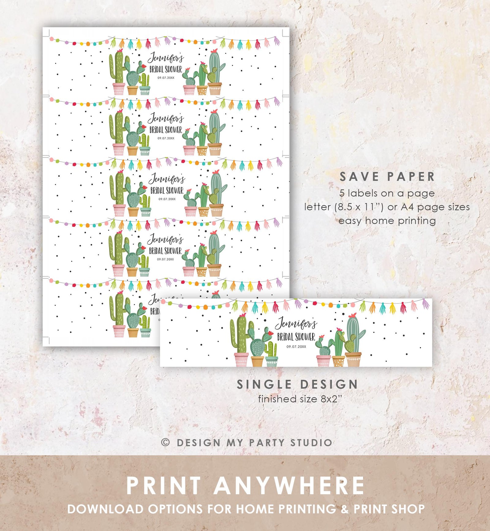 Editable Cactus Fiesta Water Bottle Label Couples Bridal Shower Taco Bout Love Mexican Desert Succulent Digital Template Printable 0254