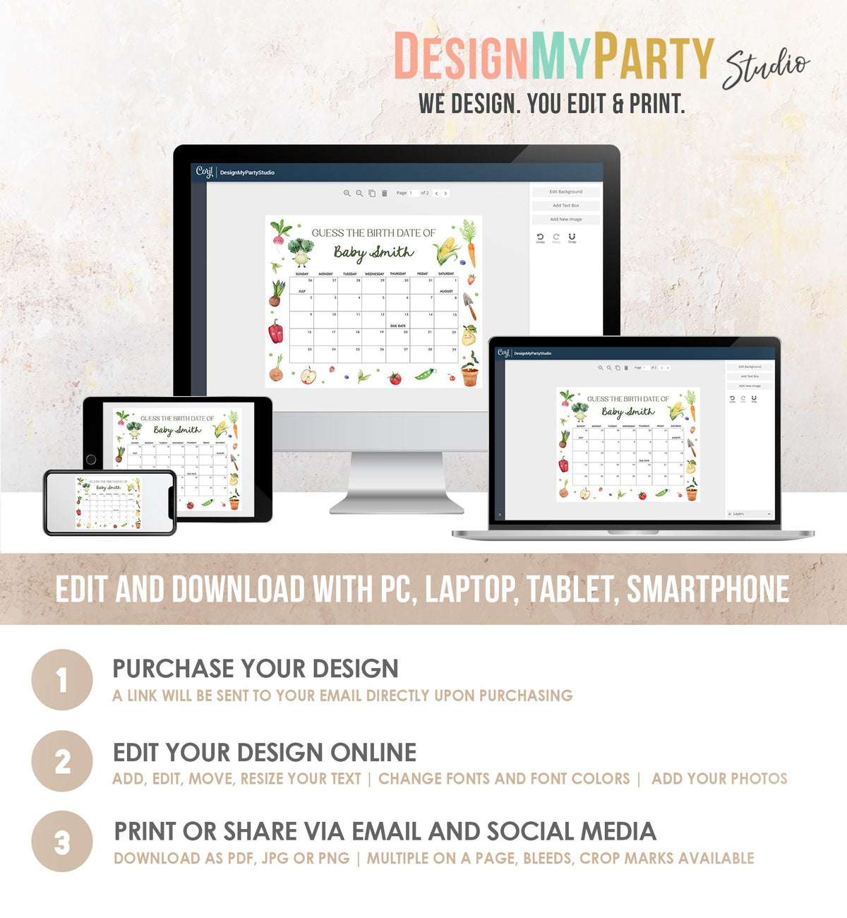 Editable Guess the Birth Date Little Sprout Baby Shower Game Guess Birthday Farmers Market Locally Grown Vegetables Template Printable 0544