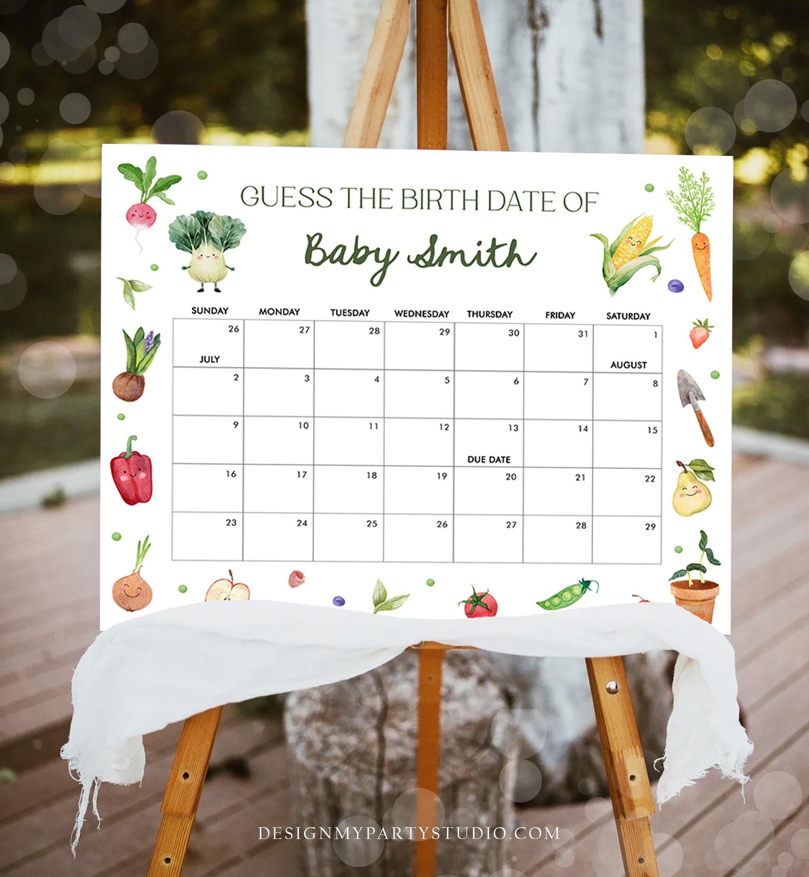 Editable Guess the Birth Date Little Sprout Baby Shower Game Guess Birthday Farmers Market Locally Grown Vegetables Template Printable 0544