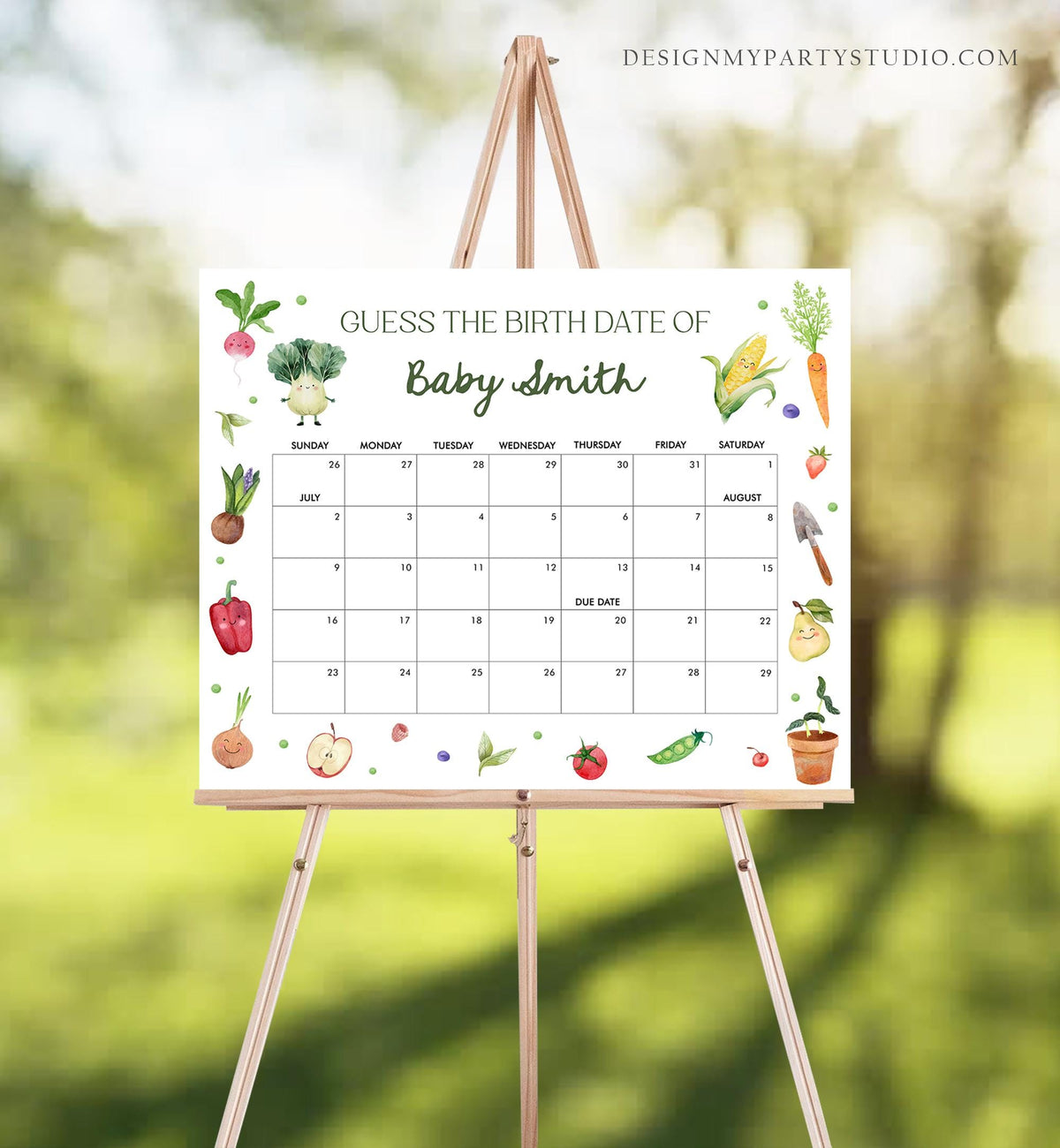 Editable Guess the Birth Date Little Sprout Baby Shower Game Guess Birthday Farmers Market Locally Grown Vegetables Template Printable 0544