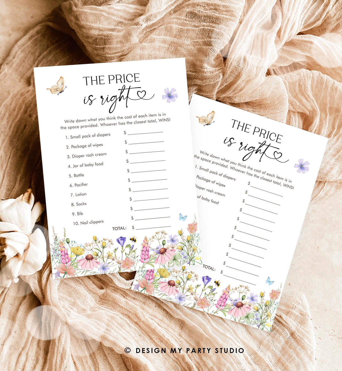 Editable The Price is Right Game Card Wildflowers Baby Shower Game Guess Game Baby in Bloom Butterflies Digital Template Printable 0543