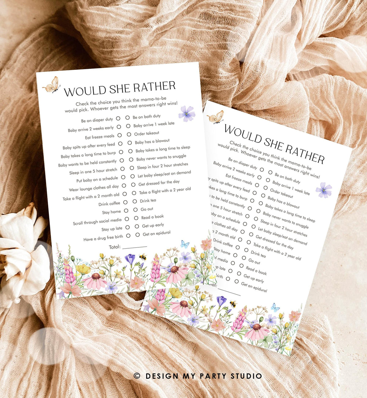 Editable Would She Rather Game Card Wildflowers Baby Shower Game Guess Game Baby in Bloom Butterflies Digital Template Printable 0543