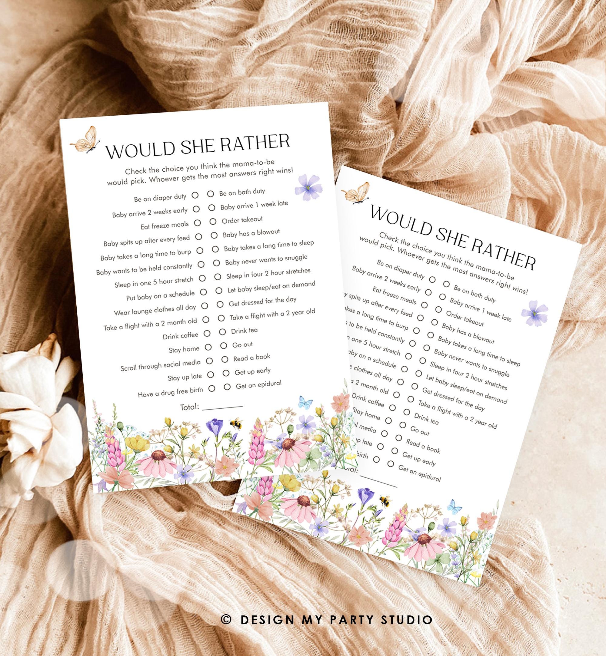 Editable Would She Rather Game Card Wildflowers Baby Shower Game Guess Game Baby in Bloom Butterflies Digital Template Printable 0543