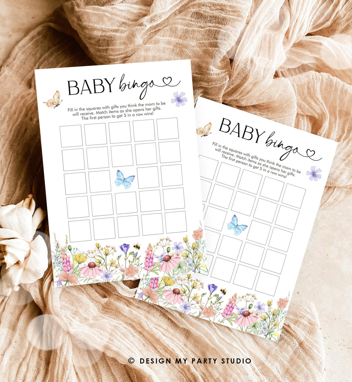 Editable Baby Bingo Game Card Wildflowers Baby Shower Game Baby in Bloom Butterflies Digital Template Printable 0543