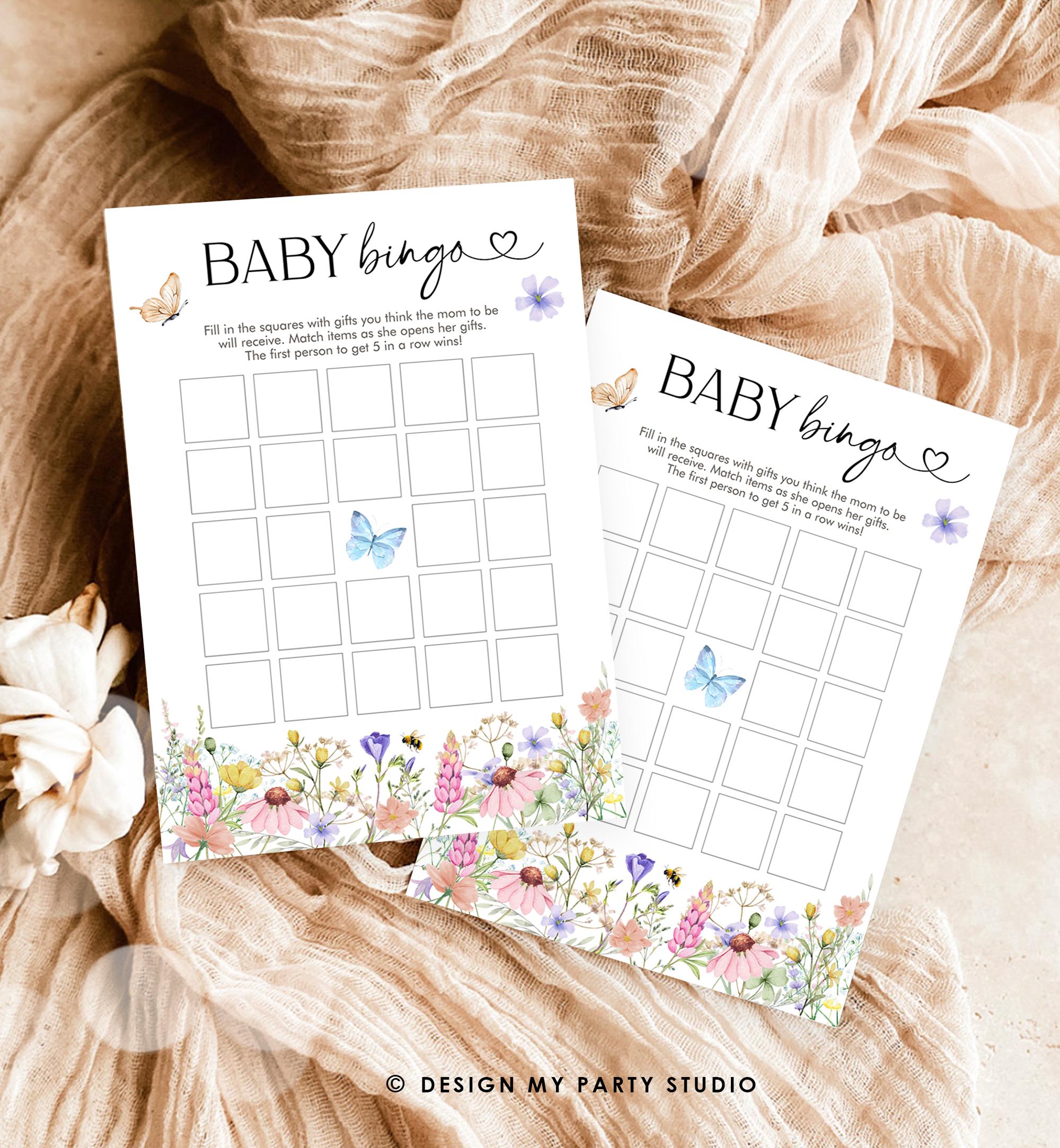 Editable Baby Bingo Game Card Wildflowers Baby Shower Game Baby in Bloom Butterflies Digital Template Printable 0543