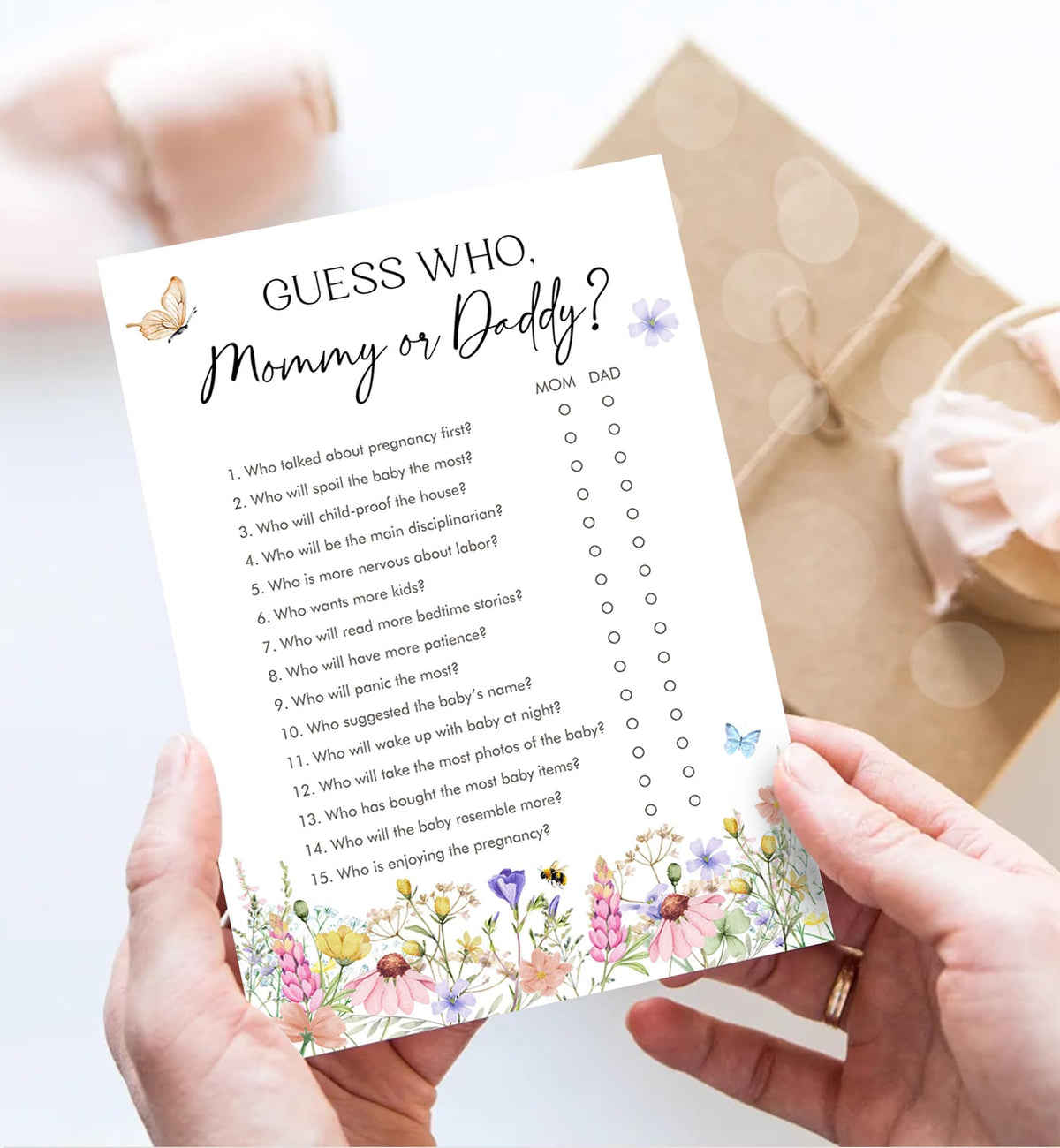 Editable Guess Who Mommy or Daddy Game Card Wildflowers Baby Shower Game in Bloom Mom or Dad Butterflies Digital Template Printable 0543
