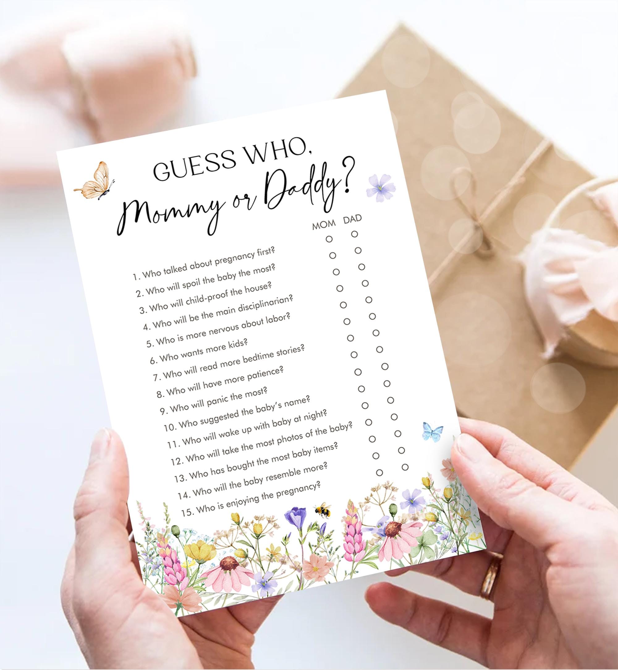 Editable Guess Who Mommy or Daddy Game Card Wildflowers Baby Shower Game in Bloom Mom or Dad Butterflies Digital Template Printable 0543