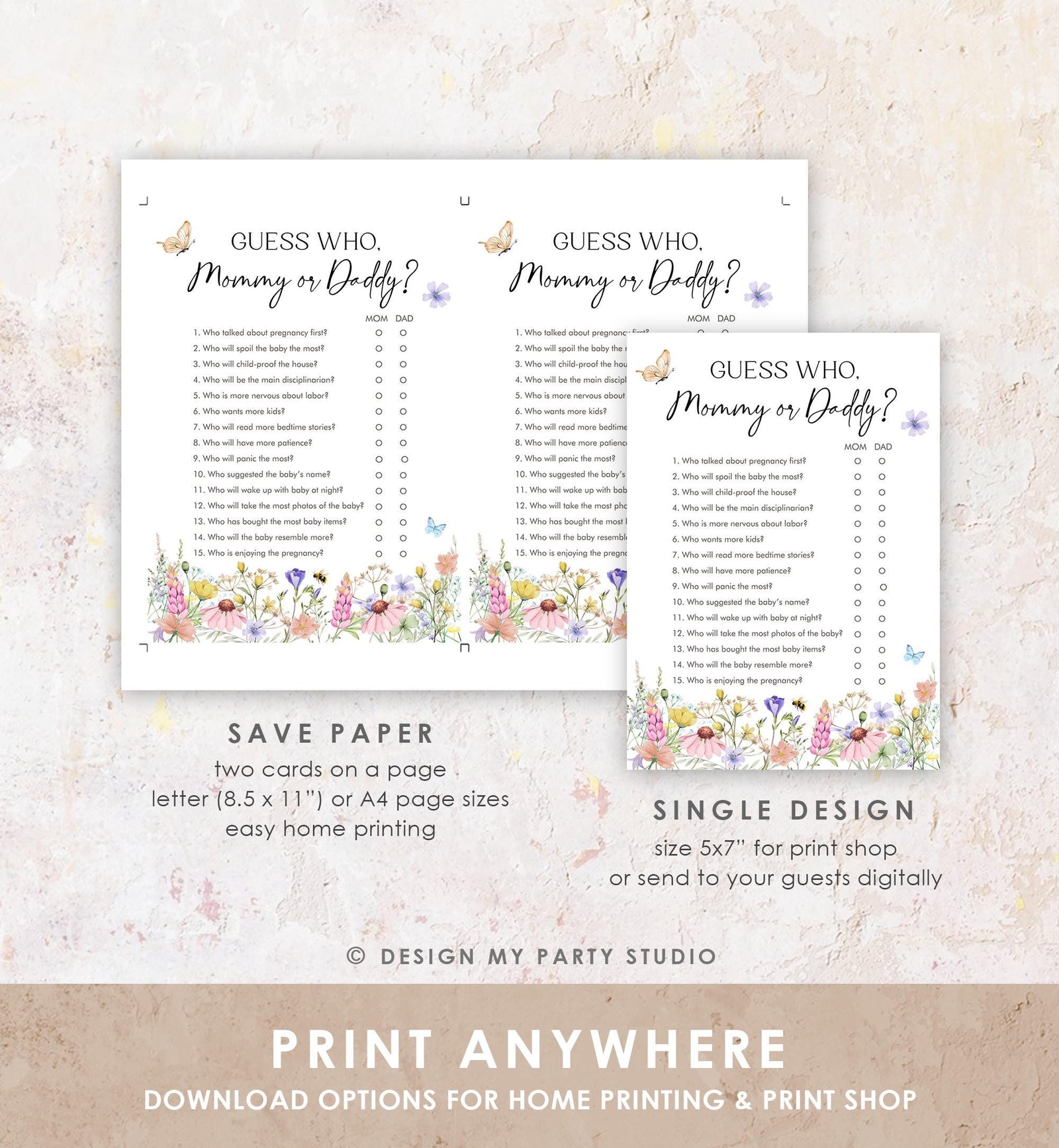 Editable Guess Who Mommy or Daddy Game Card Wildflowers Baby Shower Game in Bloom Mom or Dad Butterflies Digital Template Printable 0543