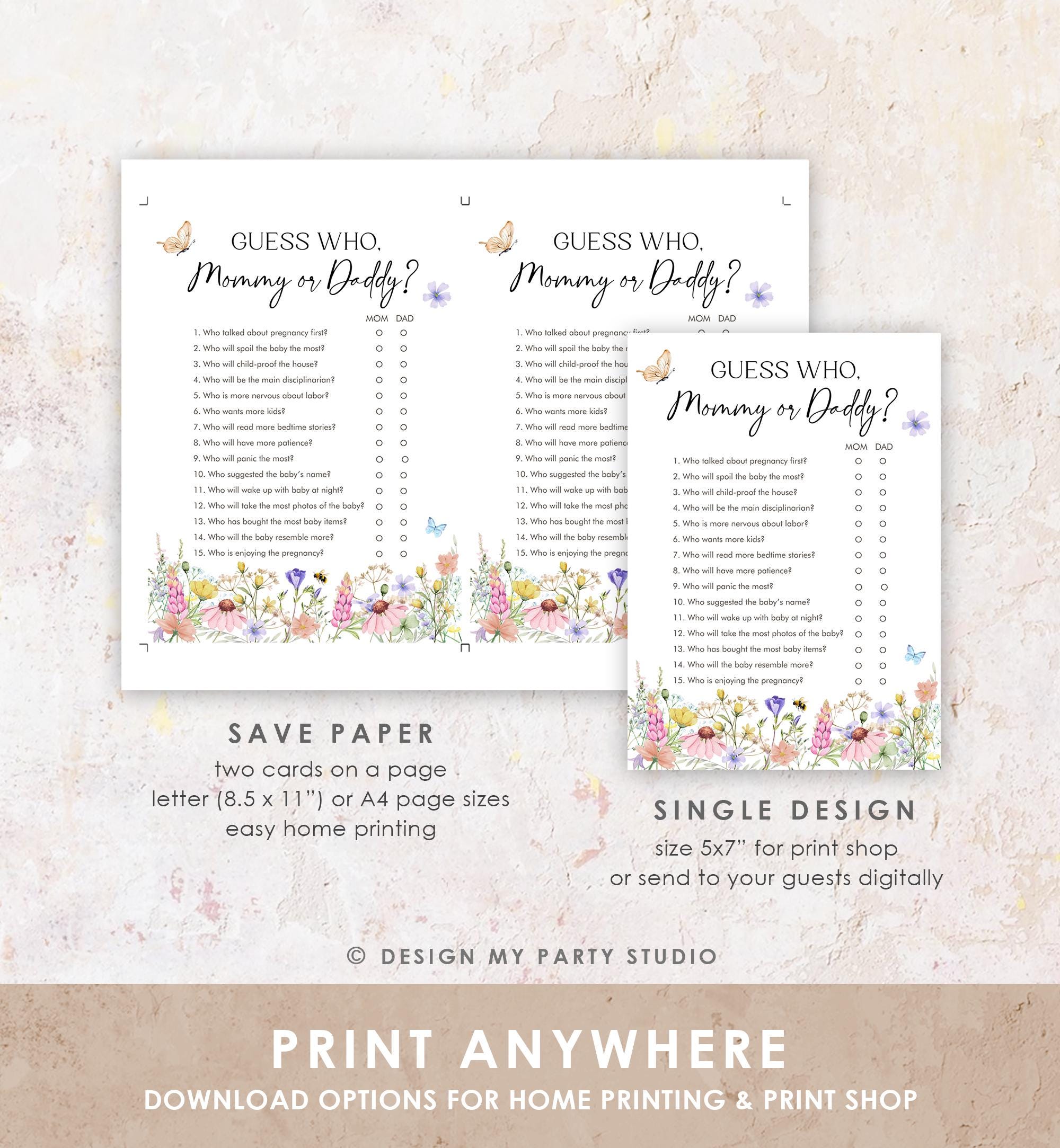 Editable Guess Who Mommy or Daddy Game Card Wildflowers Baby Shower Game in Bloom Mom or Dad Butterflies Digital Template Printable 0543