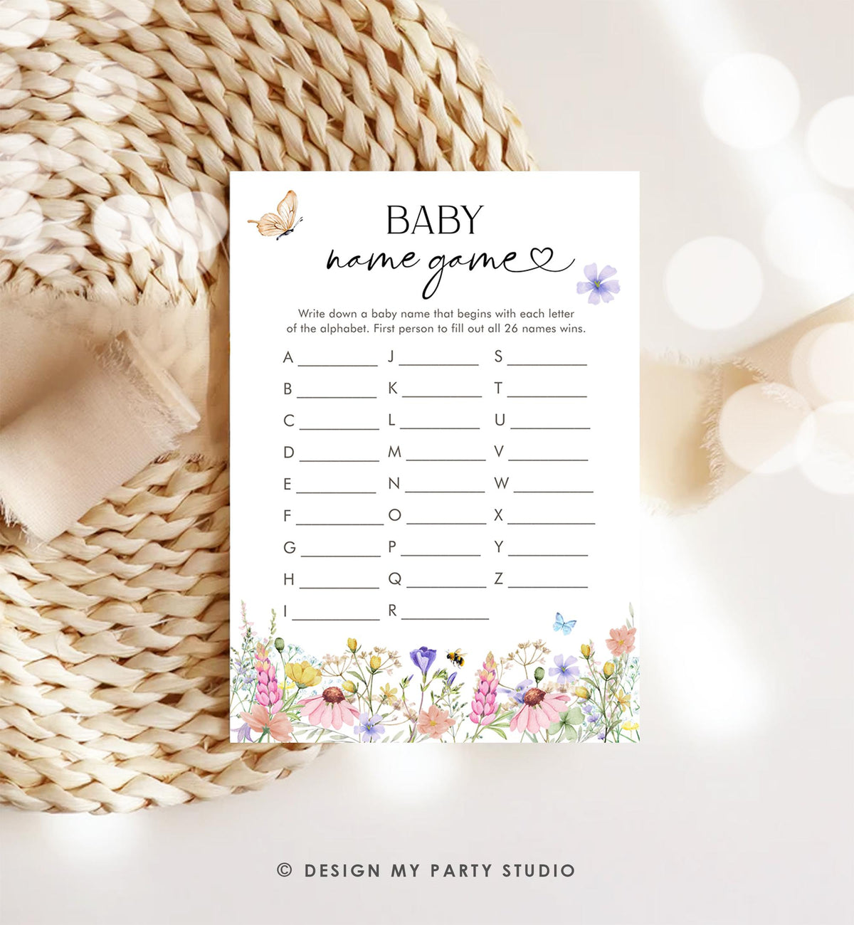 Editable Baby Name Game Card Wildflowers Baby Shower Game in Bloom Name Race Wild Flower Butterflies Digital Template Printable 0543