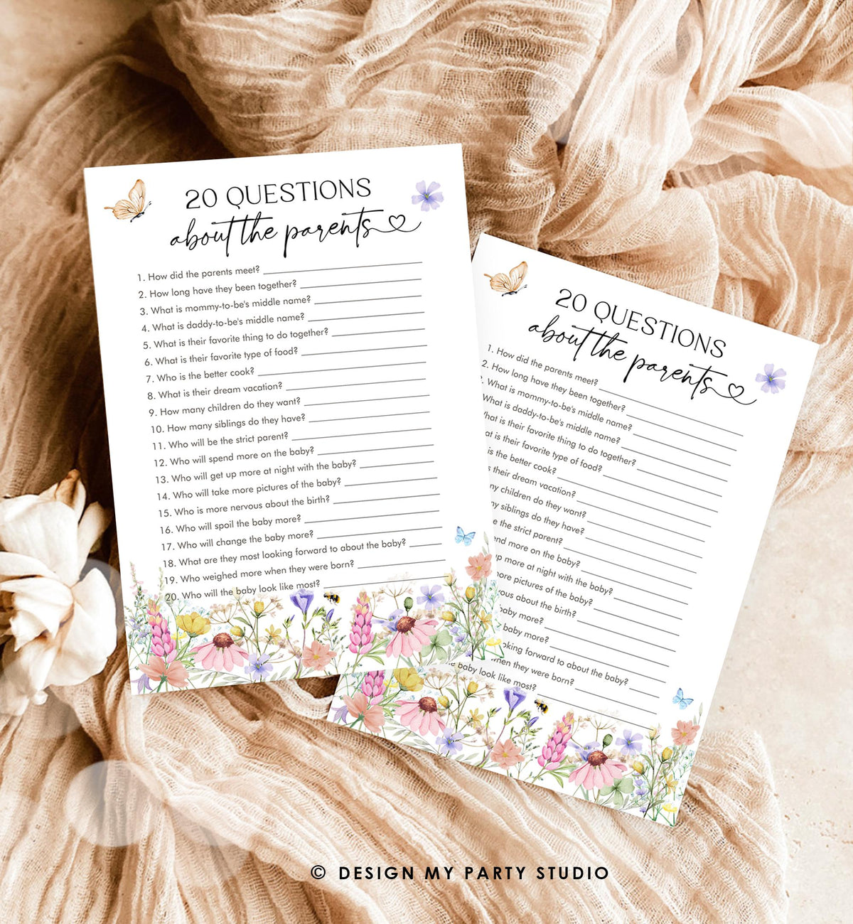 Editable Questions About the Parents Game Card Wildflowers Baby Shower Game in Bloom Wild Flower Butterflies Digital Template Printable 0543