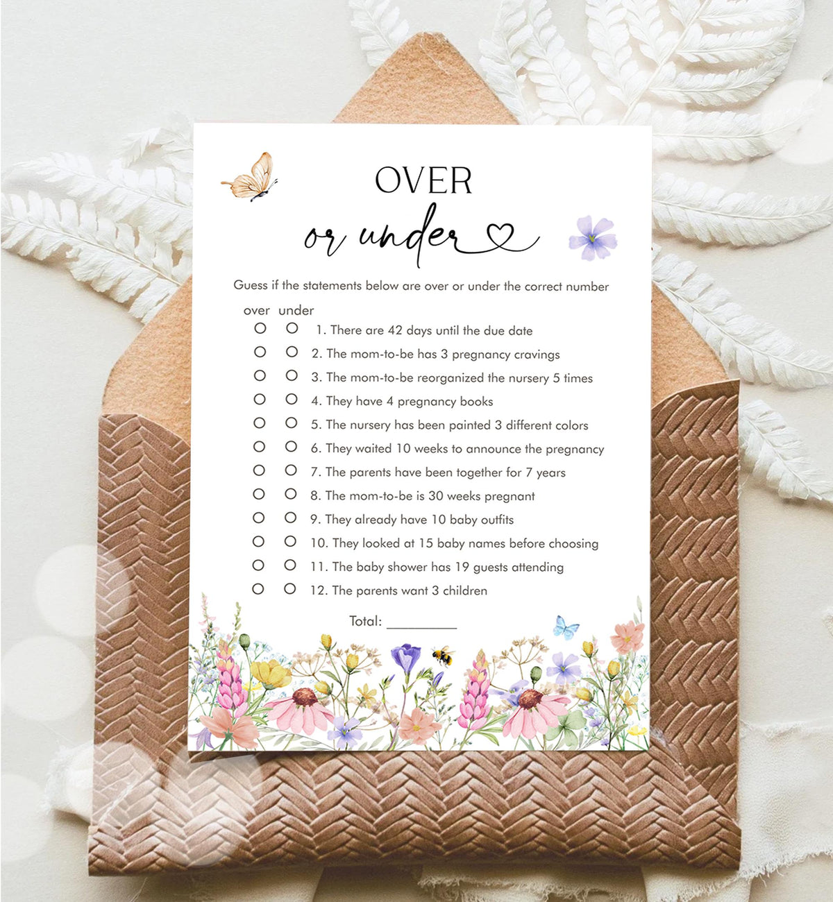 Editable Over or Under Game Card Wildflowers Baby Shower Game in Bloom Wild Flower Butterflies Digital Template Printable 0543