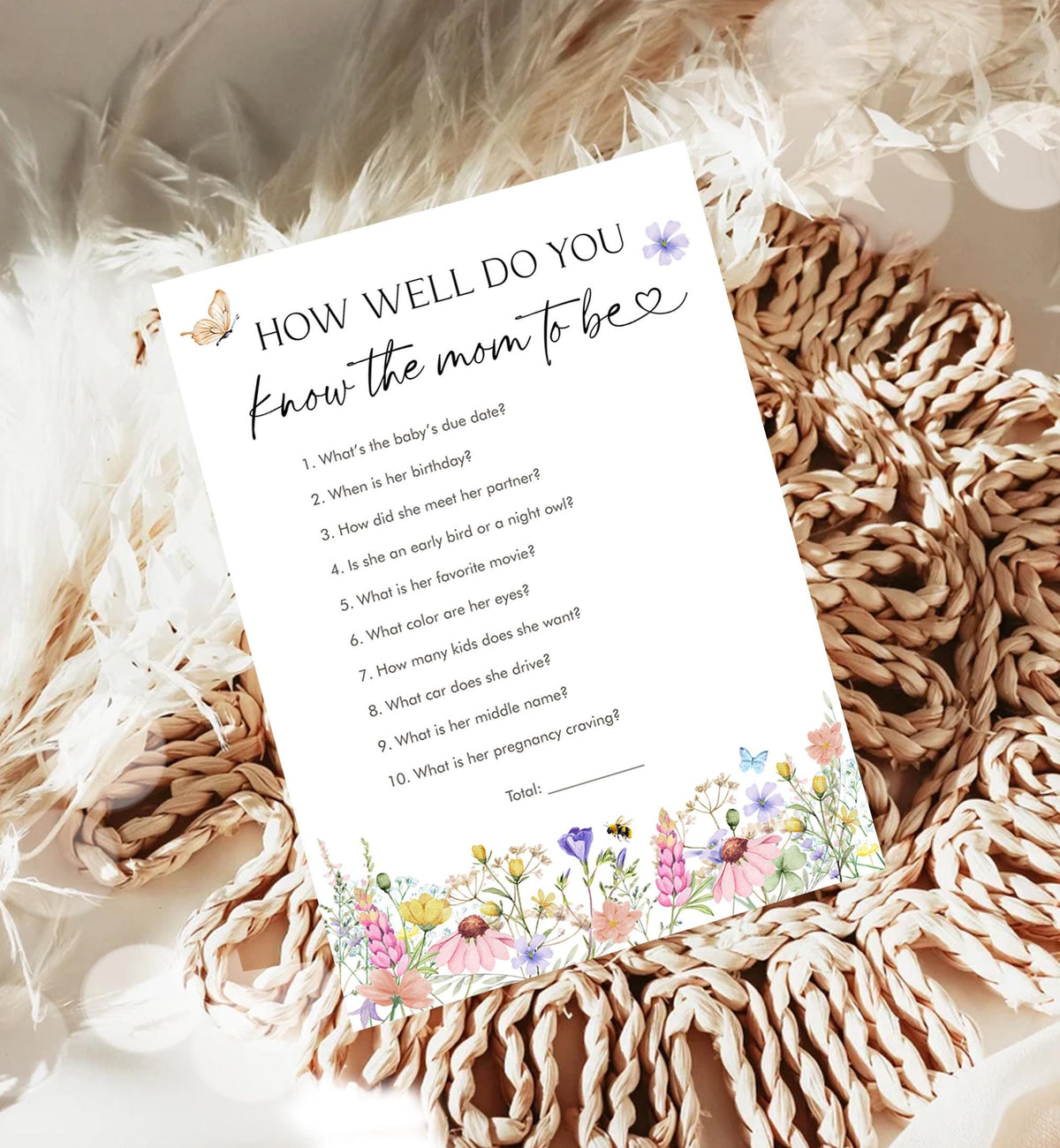 Editable How Well Do You Know The Mom The Be Game Card Wildflowers Baby Shower Game in Bloom Butterflies Digital Template Printable 0543