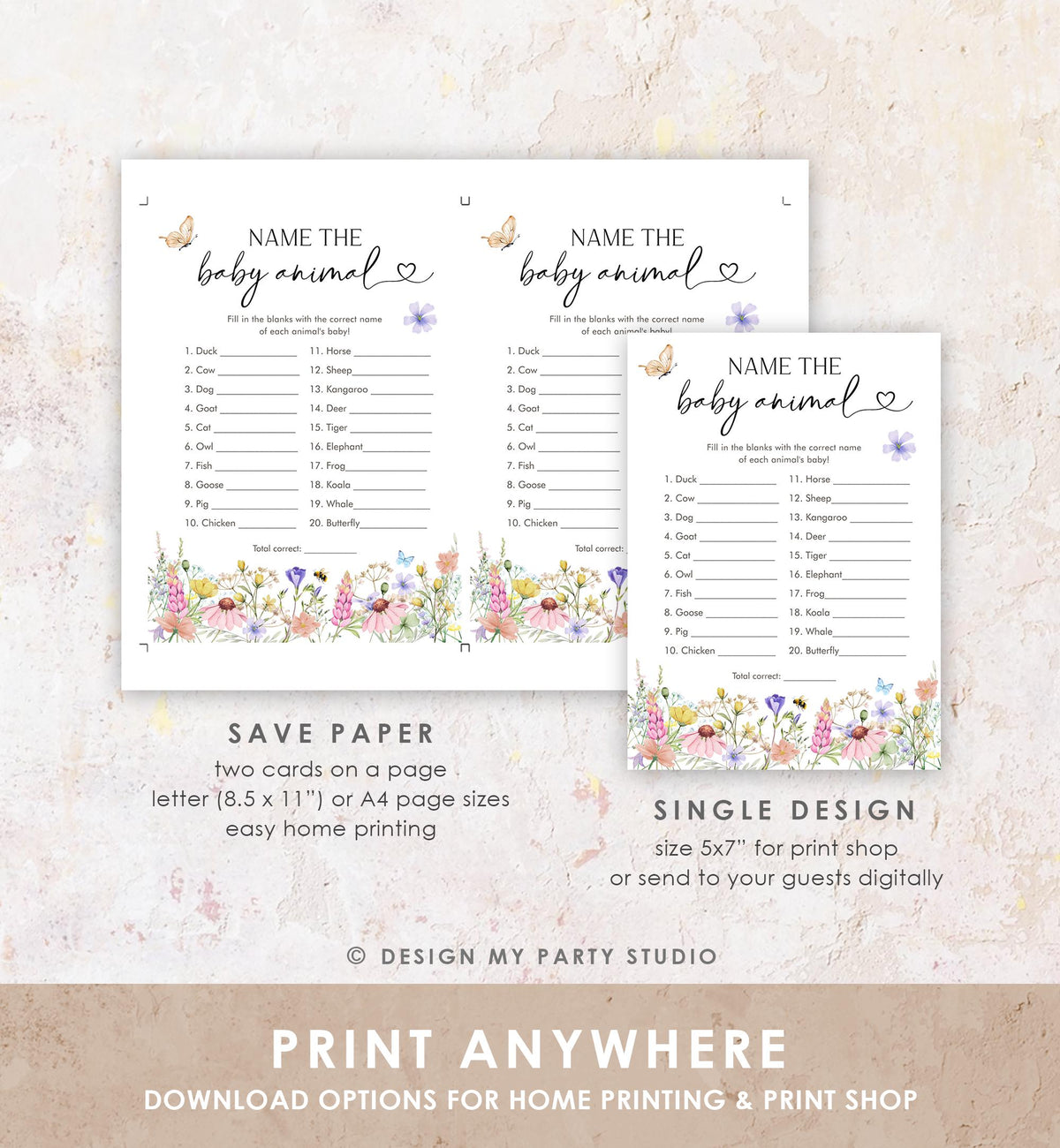 Editable Name The Baby Animal Game Card Wildflowers Baby Shower Baby Animal Names Matching Butterflies Digital Template Printable 0543