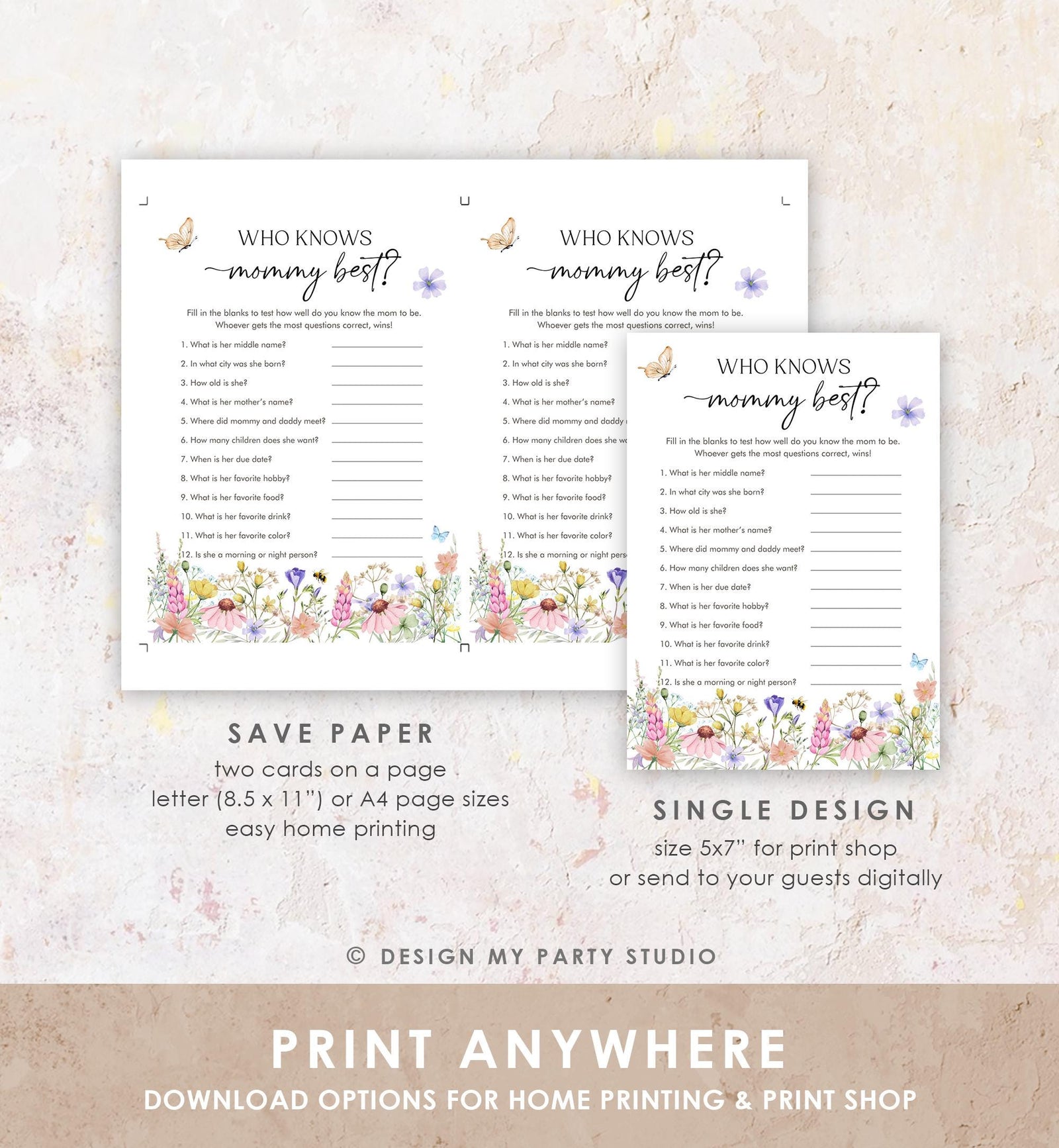 Editable Who Knows Mommy Best Game Card Wildflowers Baby Shower Game in Bloom Guess Butterflies Digital Template Printable 0543