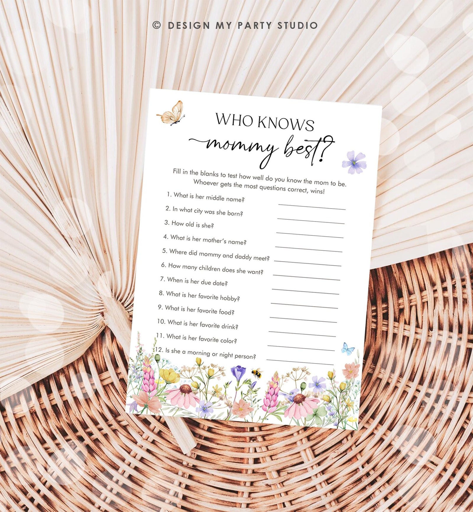 Editable Who Knows Mommy Best Game Card Wildflowers Baby Shower Game in Bloom Guess Butterflies Digital Template Printable 0543