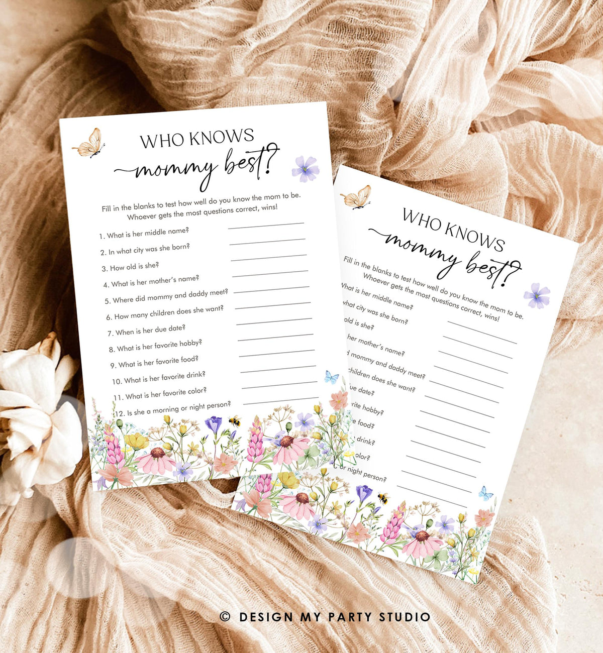 Editable Who Knows Mommy Best Game Card Wildflowers Baby Shower Game in Bloom Guess Butterflies Digital Template Printable 0543