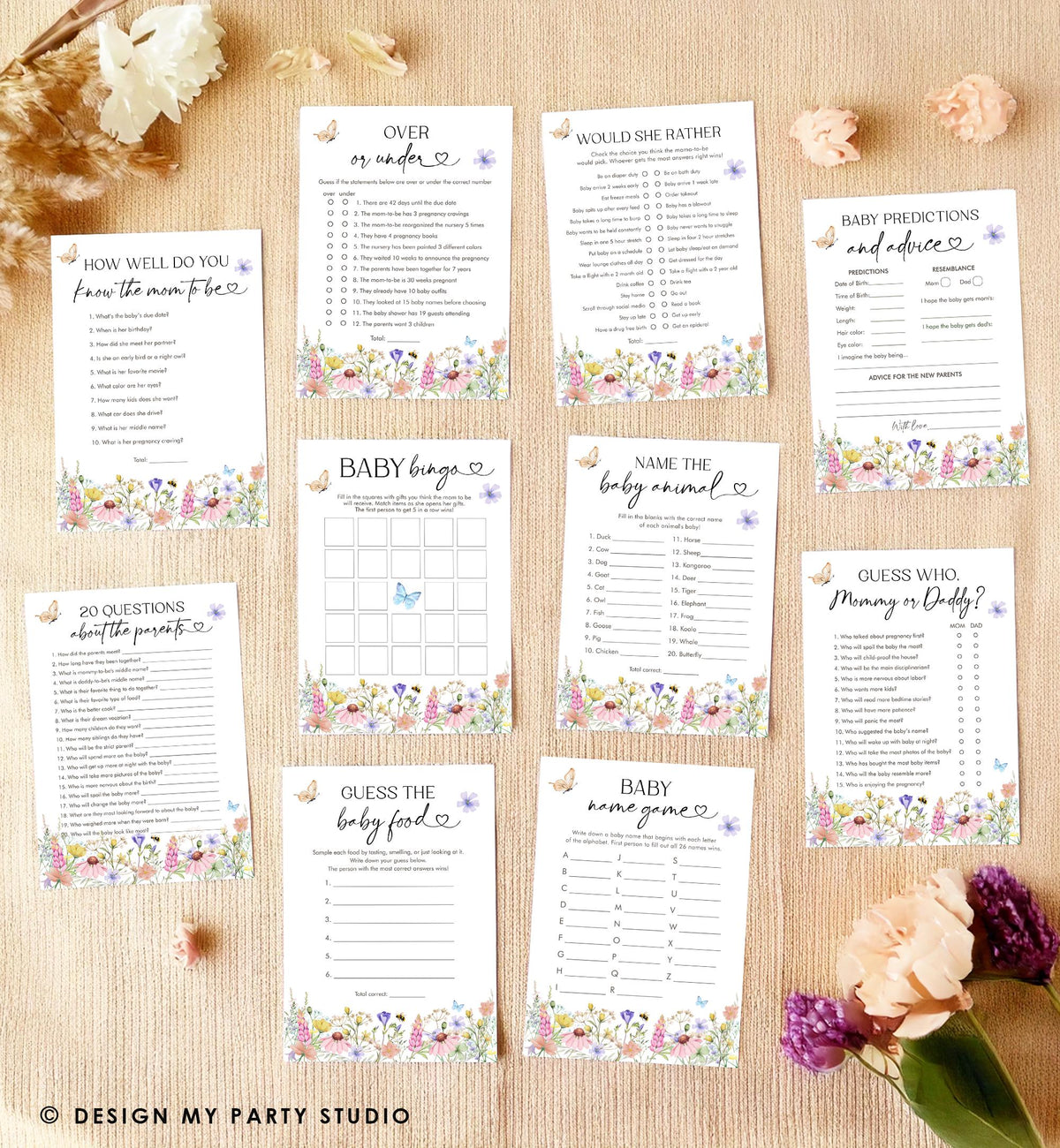 Editable Wildflowers Baby Shower Games Bundle Baby in Bloom Wild Flower Couples Shower Butterflies Digital Download Template Printable 0543