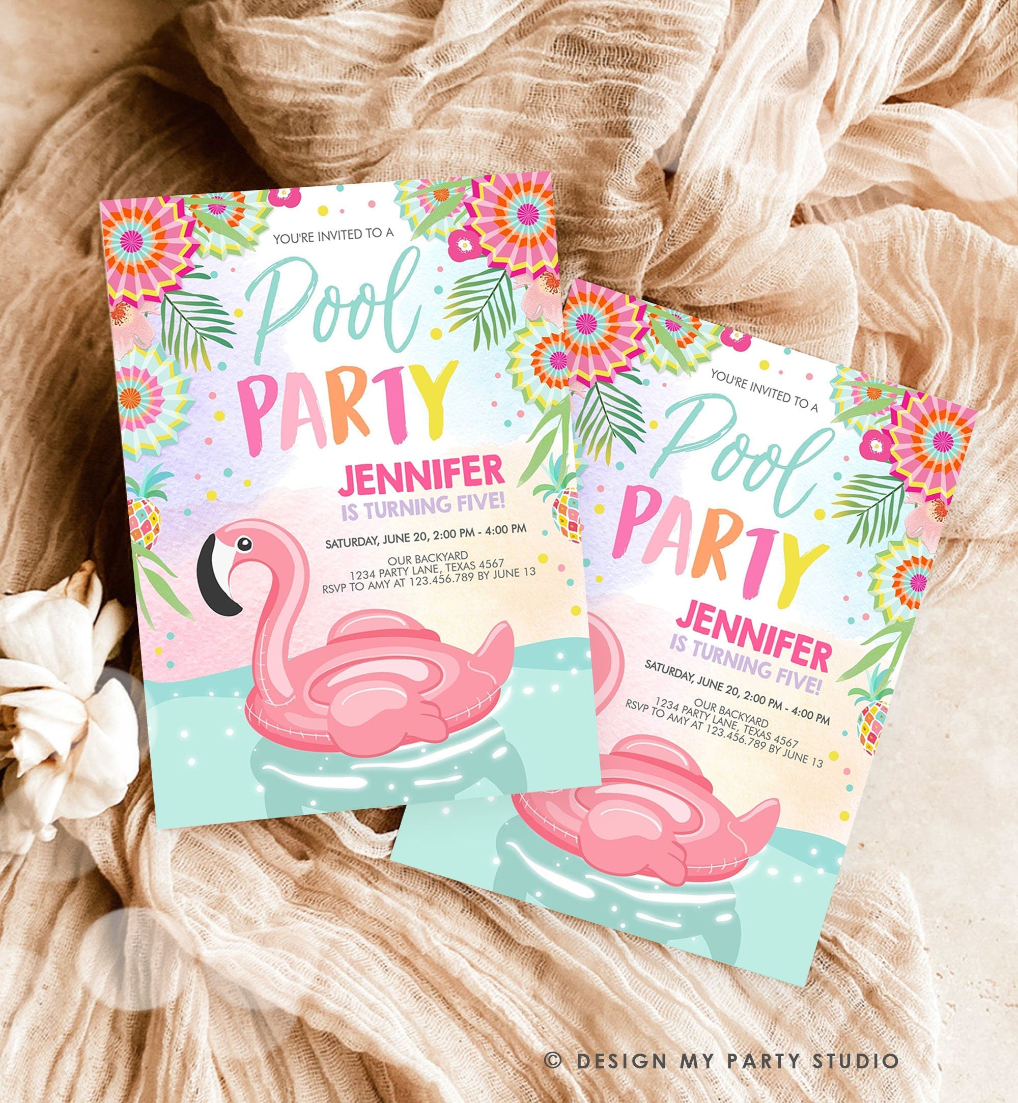 May include: Two pink flamingo pool float invitations with a tropical theme. The invitations have a light blue background with pink, yellow, and green flowers and leaves. The text on the invitations reads &#39;You&#39;re invited to a Pool Party&#39;, &#39;Jennifer is turning five!&#39;, &#39;Saturday, June 20, 2:00 PM - 4:00 PM&#39;, &#39;Our Backyard&#39;, &#39;1234 Party Lane, Texas 4567&#39;, &#39;RSVP to Amy at 123.456.789 by June 13&#39;, and &#39;Design My Party Studio&#39;.