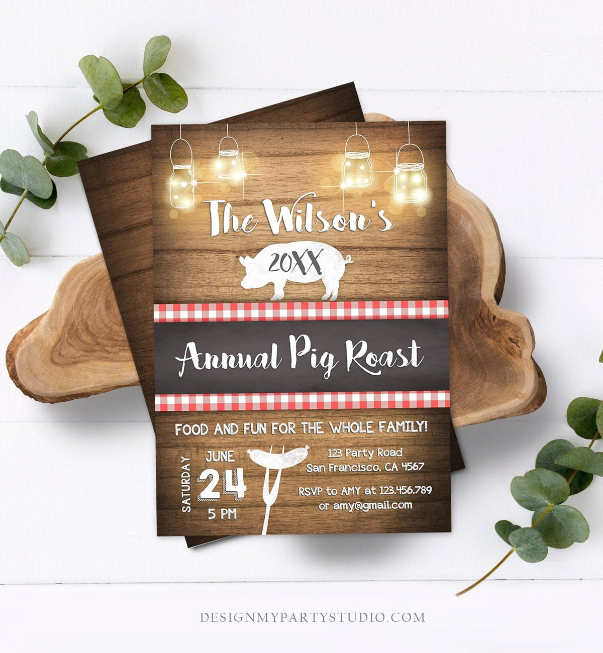 May include: A rustic wood background with a red and white checkered pattern and a white pig illustration. The text reads &amp;#39;The Wilson&amp;#39;s 20XX Annual Pig Roast&amp;#39;. The invitation includes details for a party on June 24th at 5 PM, including the address, RSVP information, and the website &amp;#39;DESIGNMYPARTYSTUDIO.COM&amp;#39;.