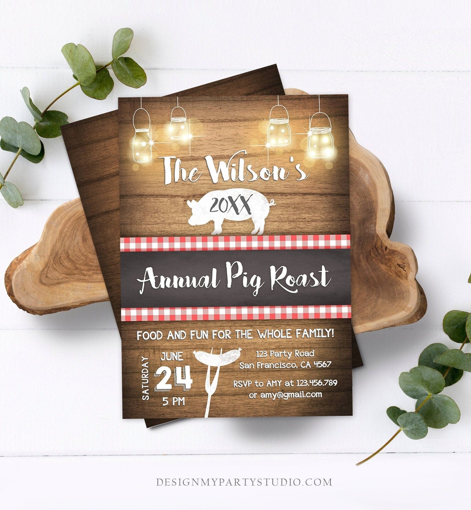 May include: A rustic wood background with a red and white checkered pattern and a white pig illustration. The text reads &#39;The Wilson&#39;s 20XX Annual Pig Roast&#39;. The invitation includes details for a party on June 24th at 5 PM, including the address, RSVP information, and the website &#39;DESIGNMYPARTYSTUDIO.COM&#39;.