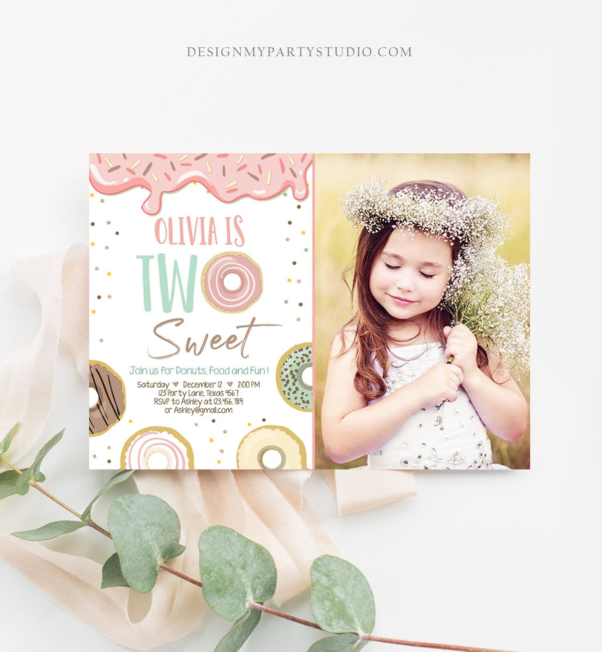 May include: A pink and green donut themed birthday invitation with a photo of a girl wearing a flower crown. The invitation says &amp;#39;Olivia is Two Sweet&amp;#39; and includes details for the party, including the date, time, location, and RSVP information.