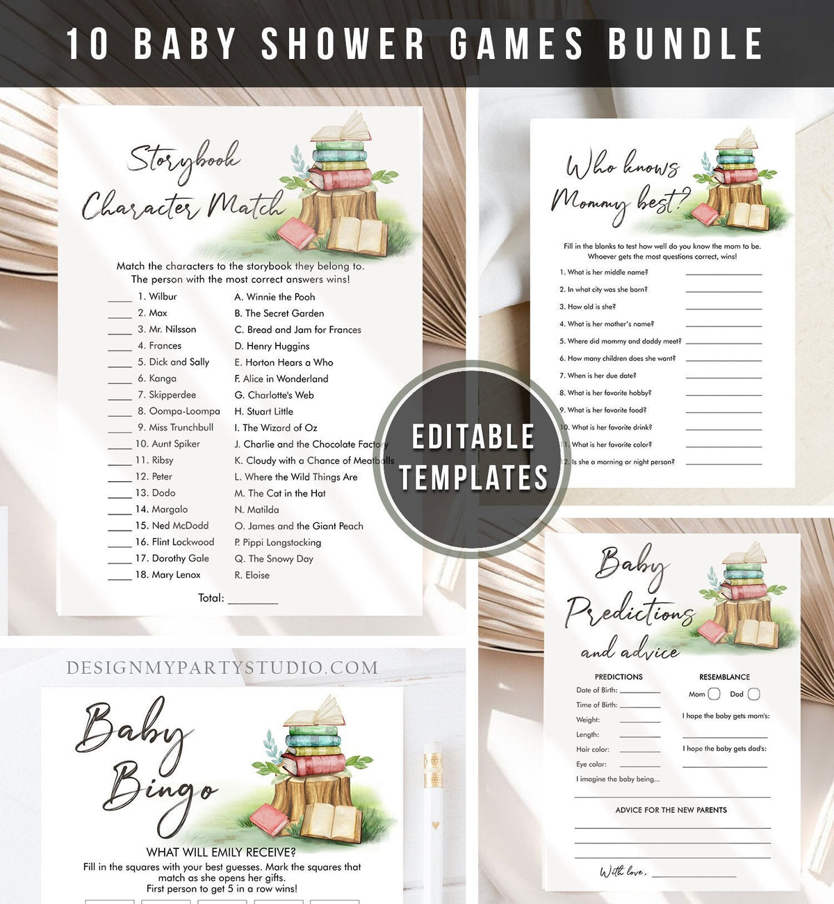 May include: A printable baby shower game bundle with a storybook theme. The games include: Storybook Character Match, Who Knows Mommy Best?, Baby Bingo, and Baby Predictions and Advice. The games feature a watercolor illustration of a stack of books on a tree stump with green leaves and flowers. The text on the games is in a black font with a white outline. The games are editable templates.