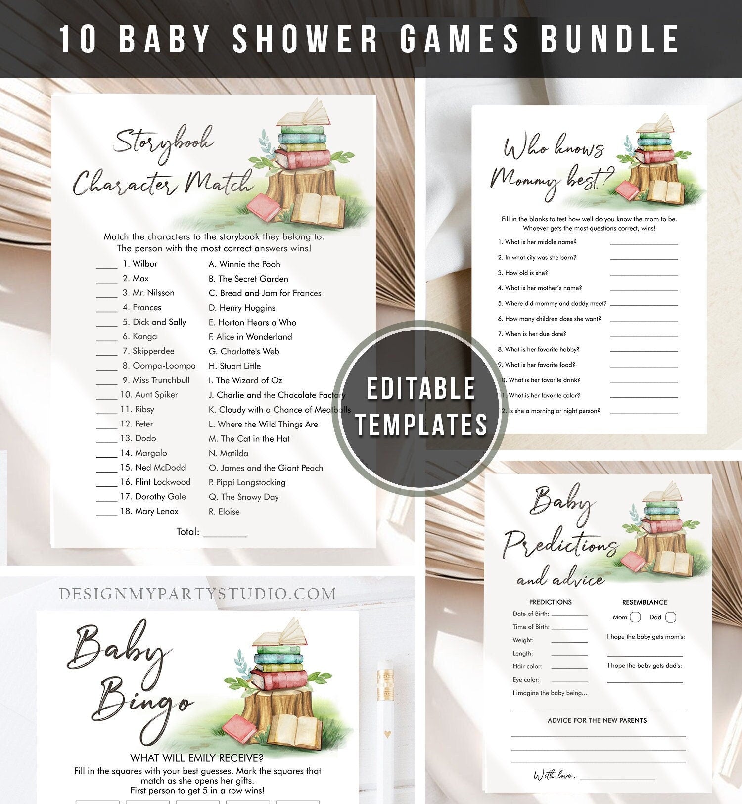 May include: A printable baby shower game bundle with a storybook theme. The games include: Storybook Character Match, Who Knows Mommy Best?, Baby Bingo, and Baby Predictions and Advice. The games feature a watercolor illustration of a stack of books on a tree stump with green leaves and flowers. The text on the games is in a black font with a white outline. The games are editable templates.