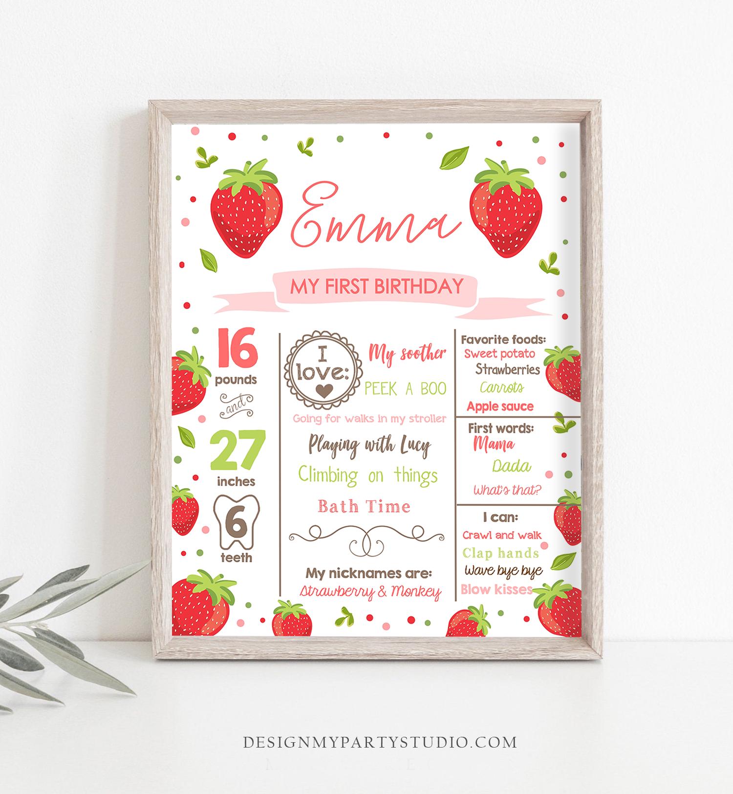 Editable Birthday Milestones Sign Strawberry First Birthday Girl Pink Red Strawberry Decor Summer Download Template Printable Corjl 0091