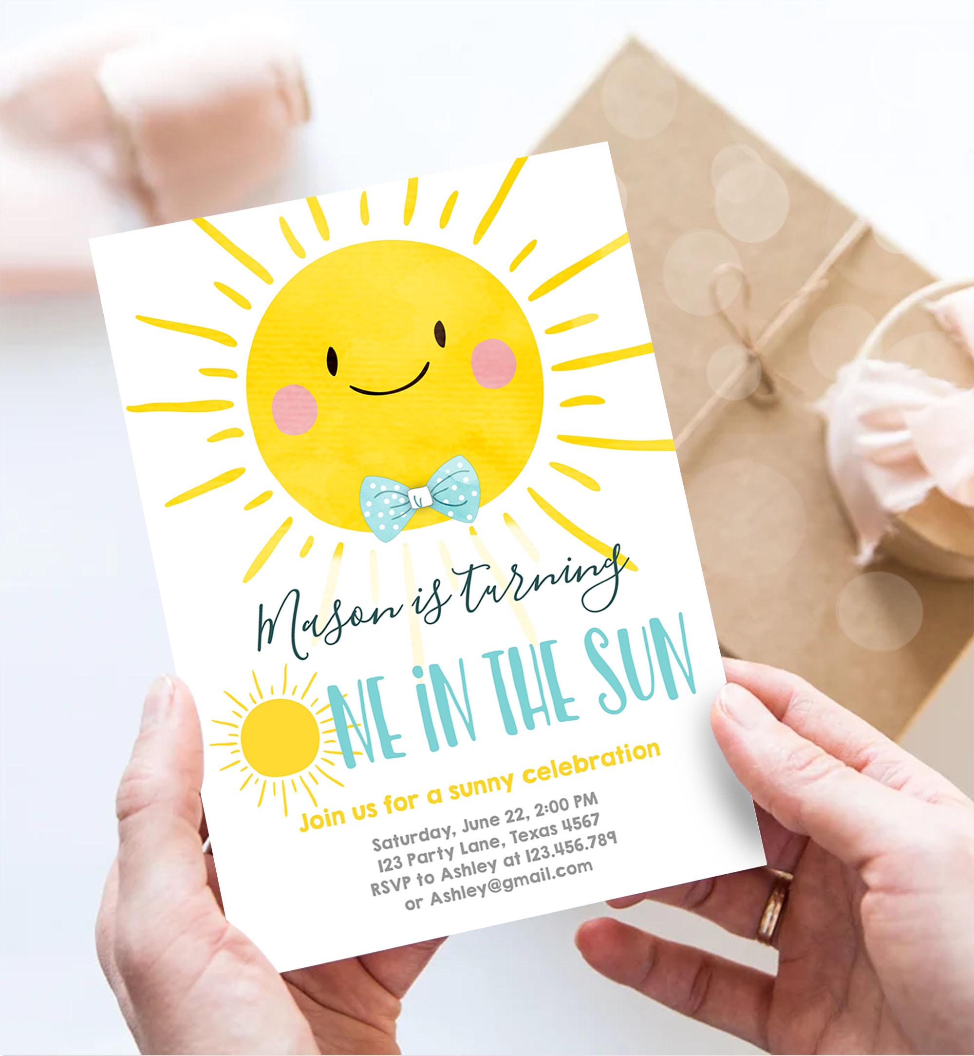 Editable One in the Sun Sunshine Birthday Invitation Summer Party First Birthday Party Boy Blue Bow Tie Download Template Printable 0141