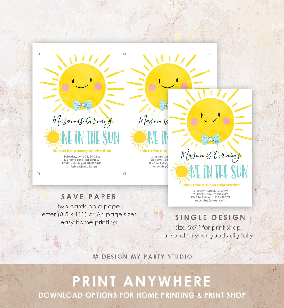 Editable One in the Sun Sunshine Birthday Invitation Summer Party First Birthday Party Boy Blue Bow Tie Download Template Printable 0141